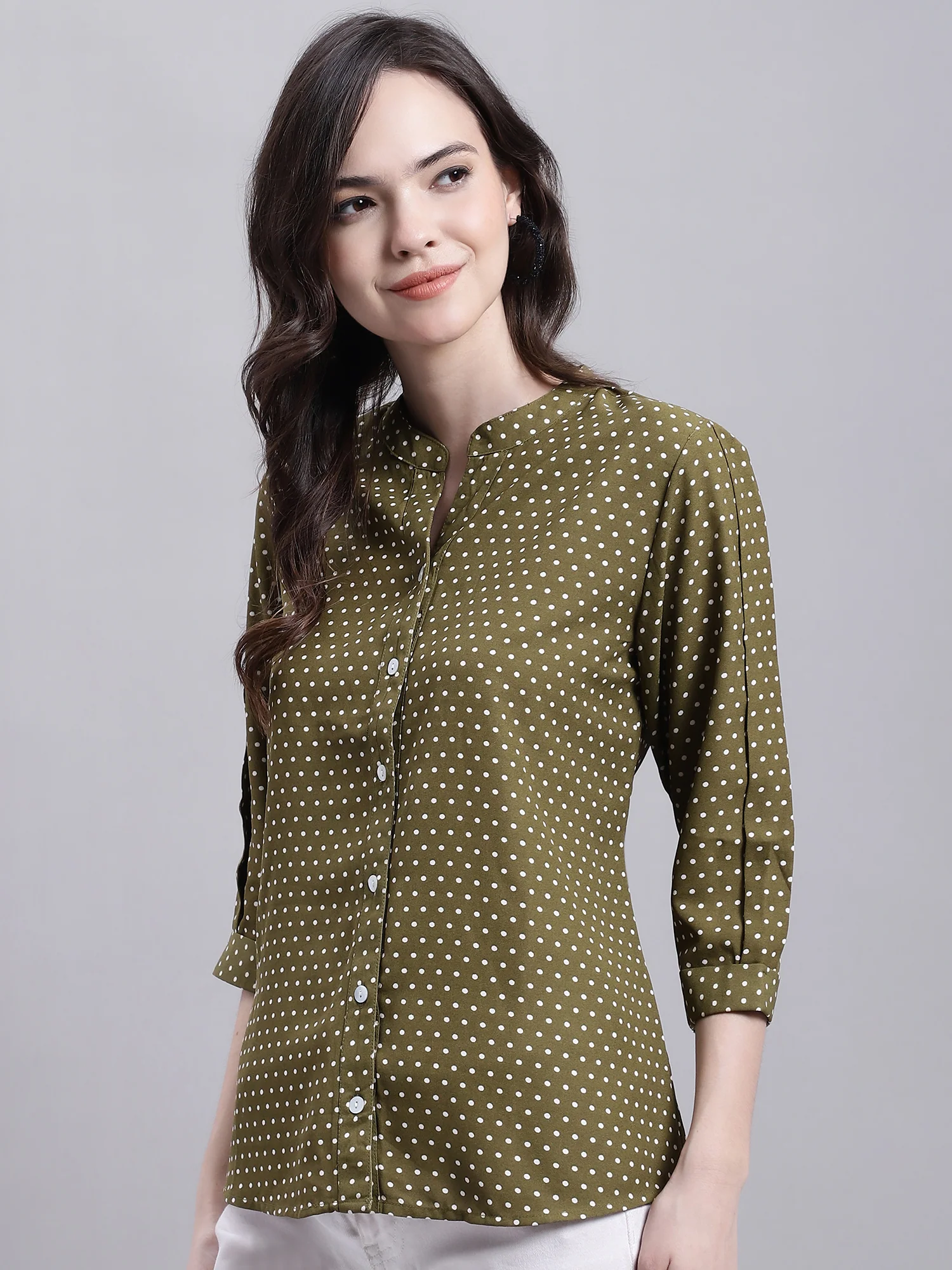 Women's Casual  Green Polka dot Print Mandarin Collar Top - Image 3