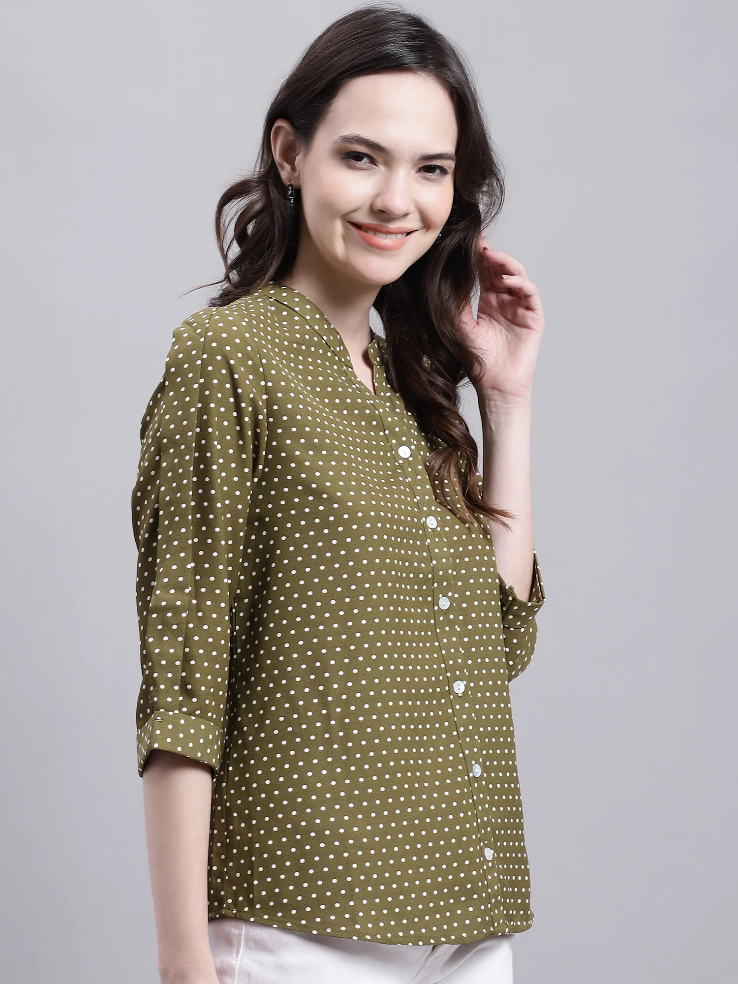 Women's Casual  Green Polka dot Print Mandarin Collar Top - Image 4