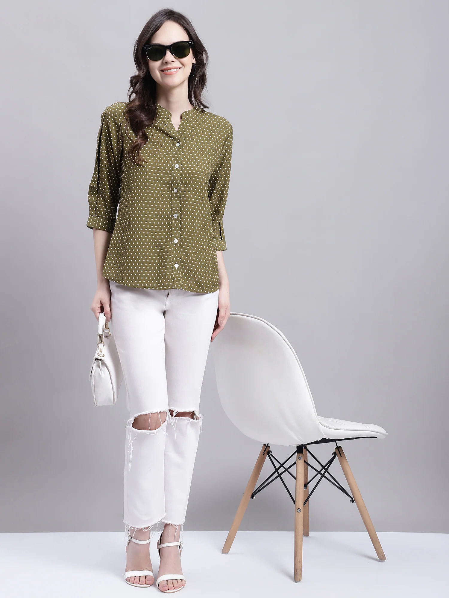 Women's Casual  Green Polka dot Print Mandarin Collar Top - Image 5