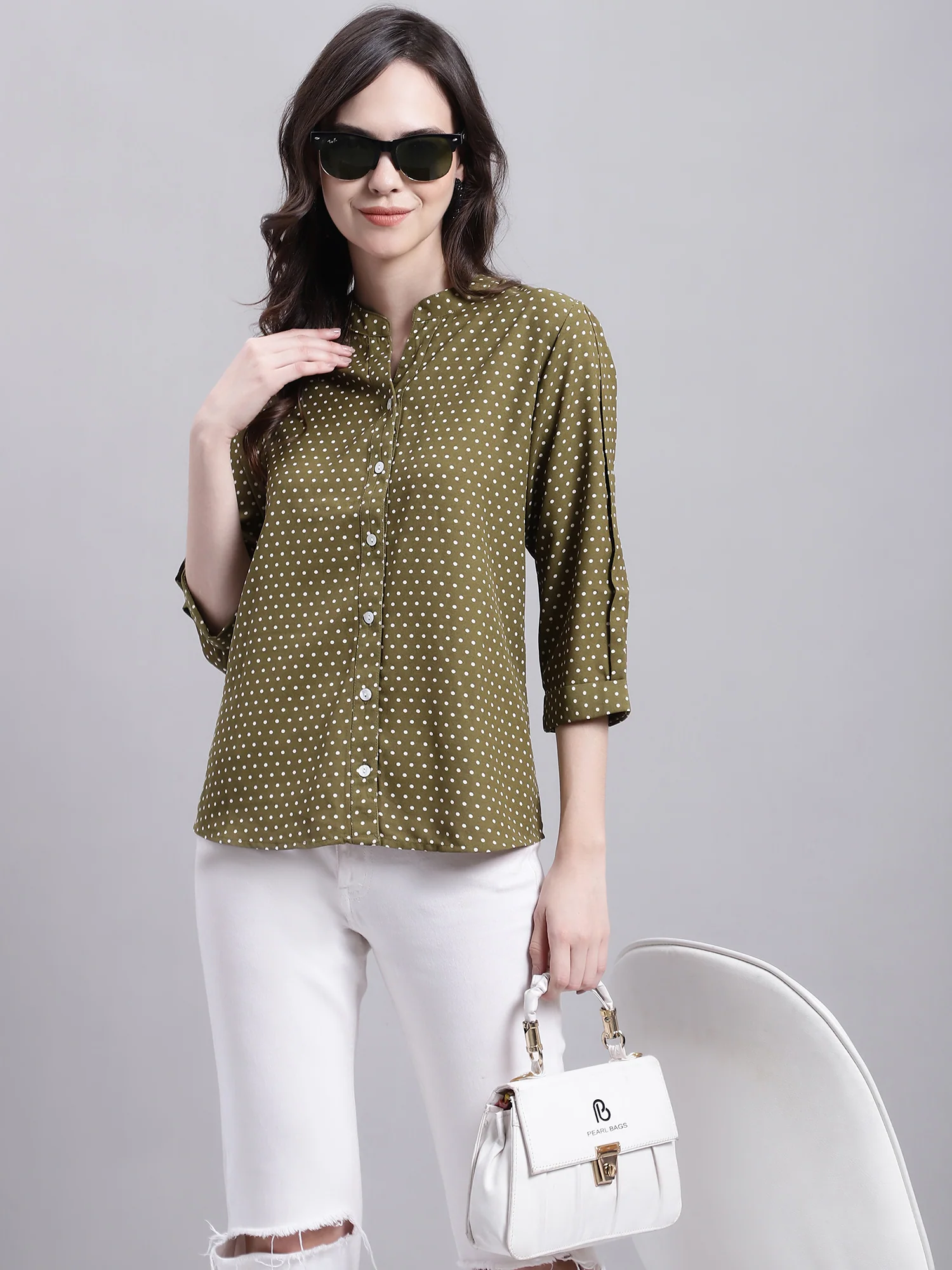 Women's Casual  Green Polka dot Print Mandarin Collar Top - Image 6