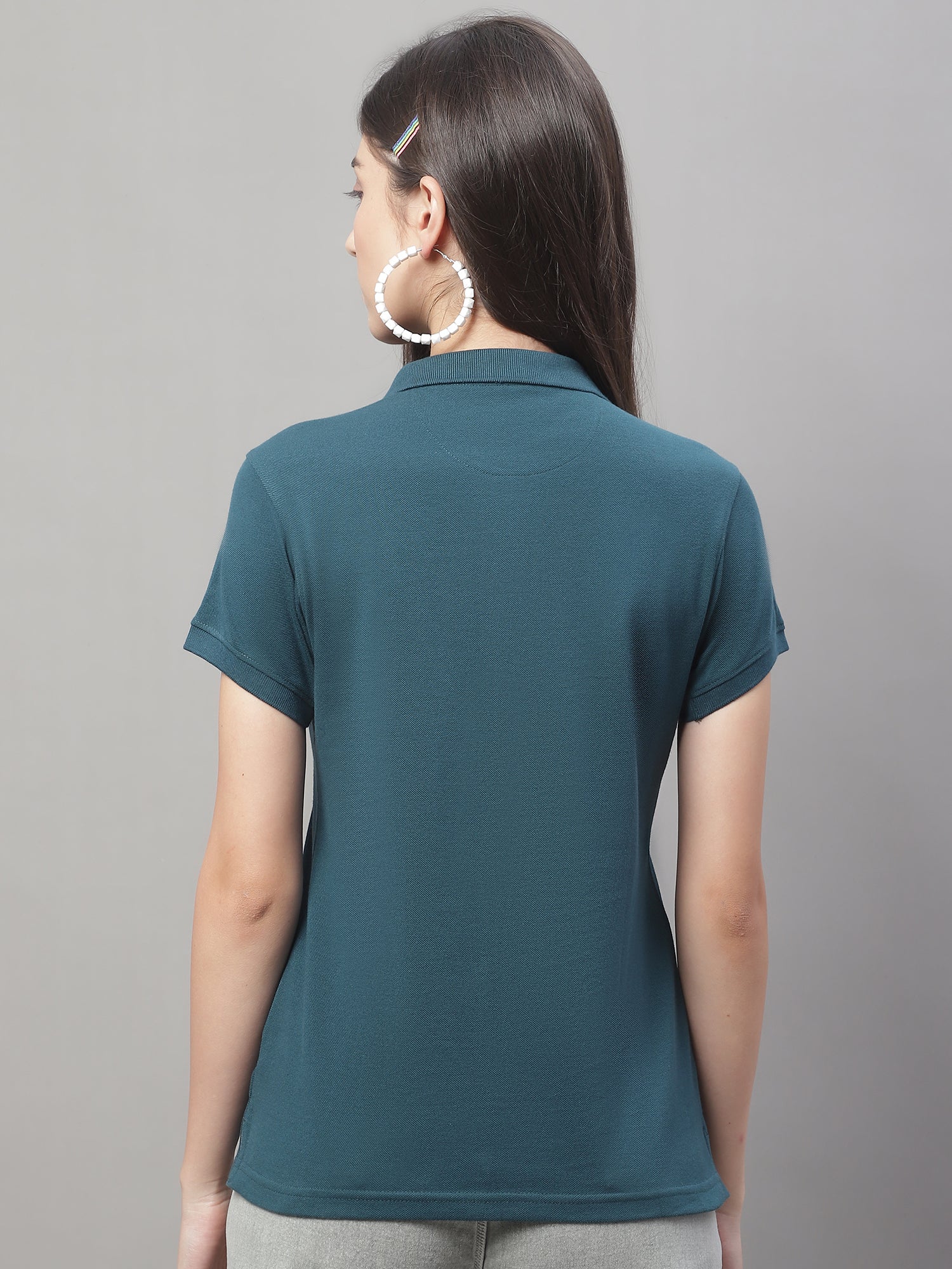 Women's Casual Regular Short Sleeve Bottle Green Polo neck  T-Shirt - Image 2