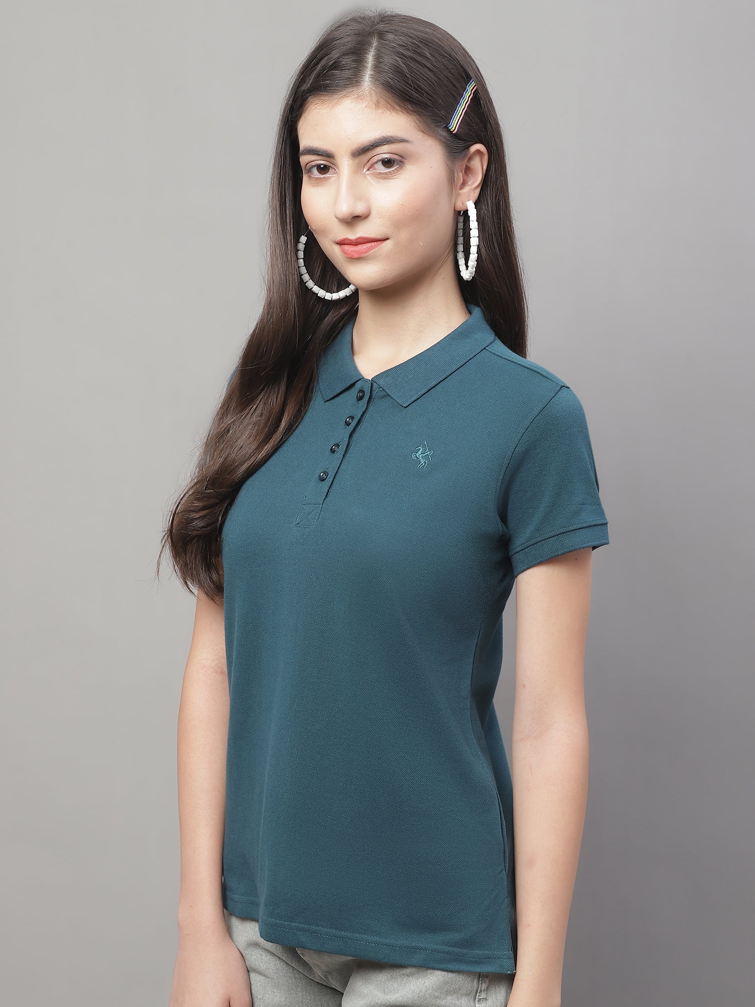 Women's Casual Regular Short Sleeve Bottle Green Polo neck  T-Shirt - Image 3