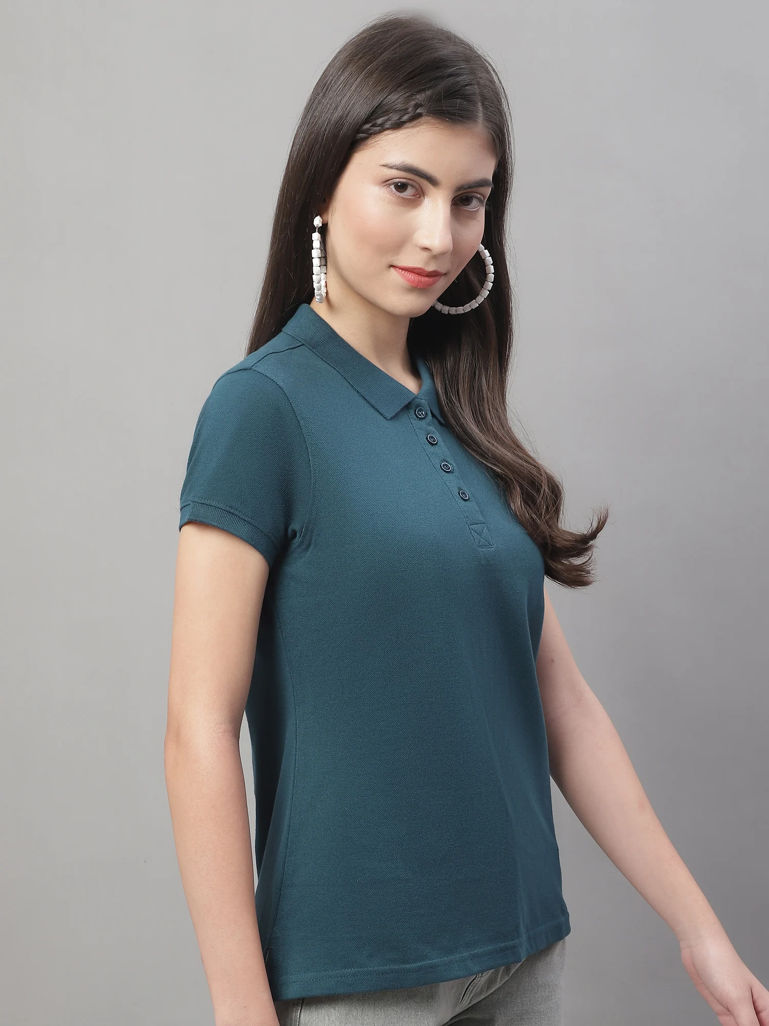 Women's Casual Regular Short Sleeve Bottle Green Polo neck  T-Shirt - Image 4