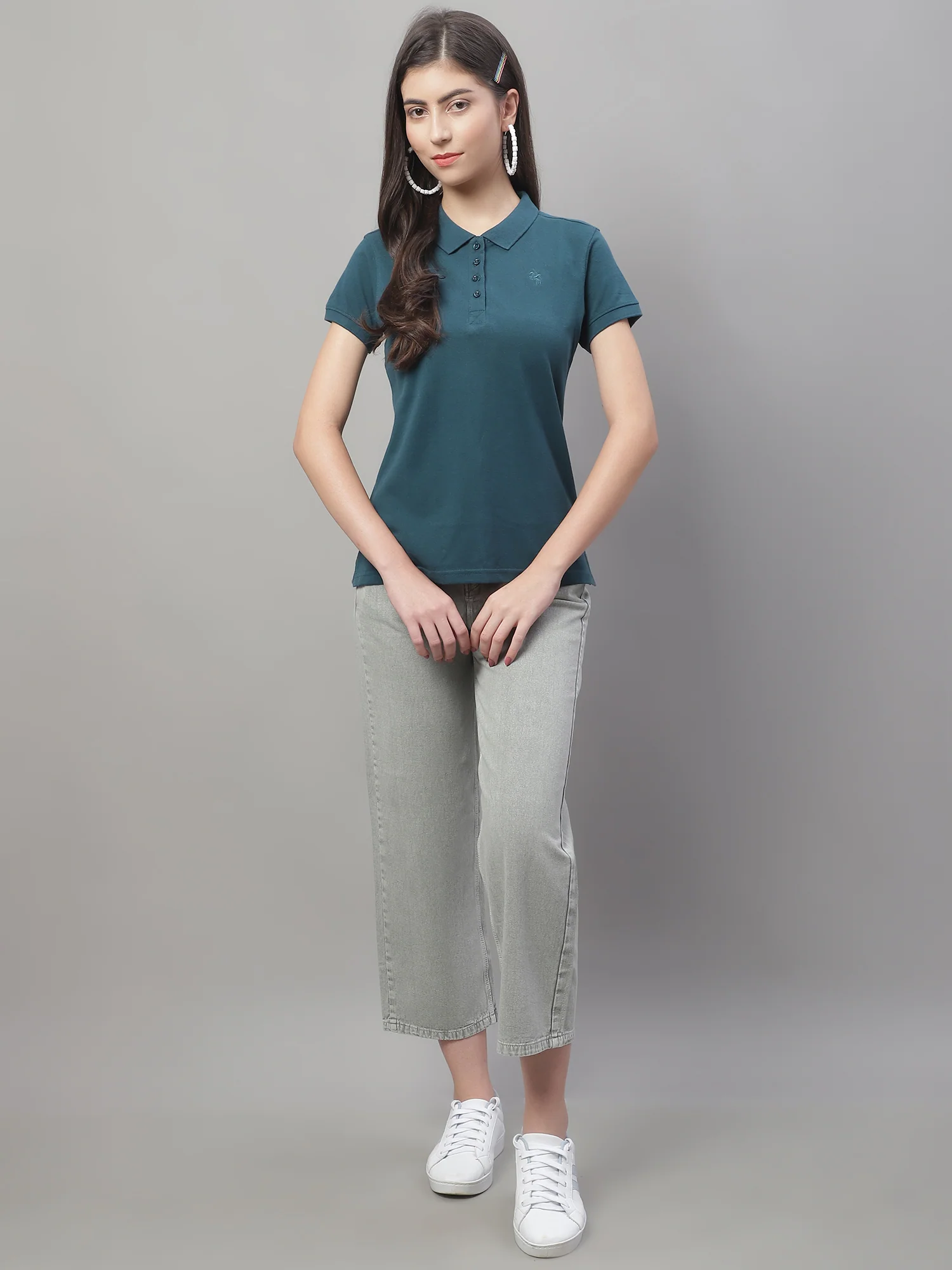 Women's Casual Regular Short Sleeve Bottle Green Polo neck  T-Shirt - Image 5