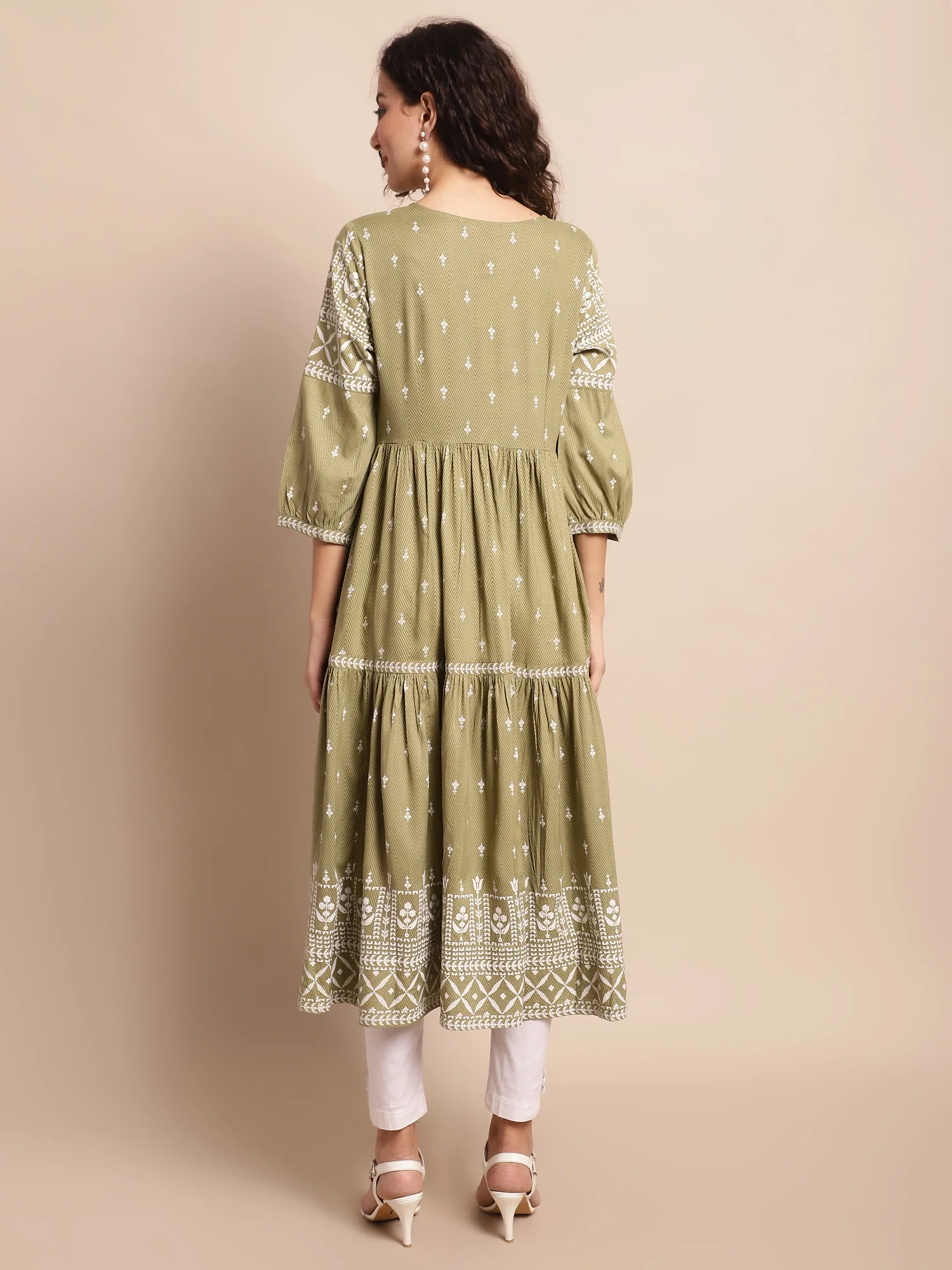Women's Casual Round Neck Green All Over Printed Calf Length Kurti - Image 2
