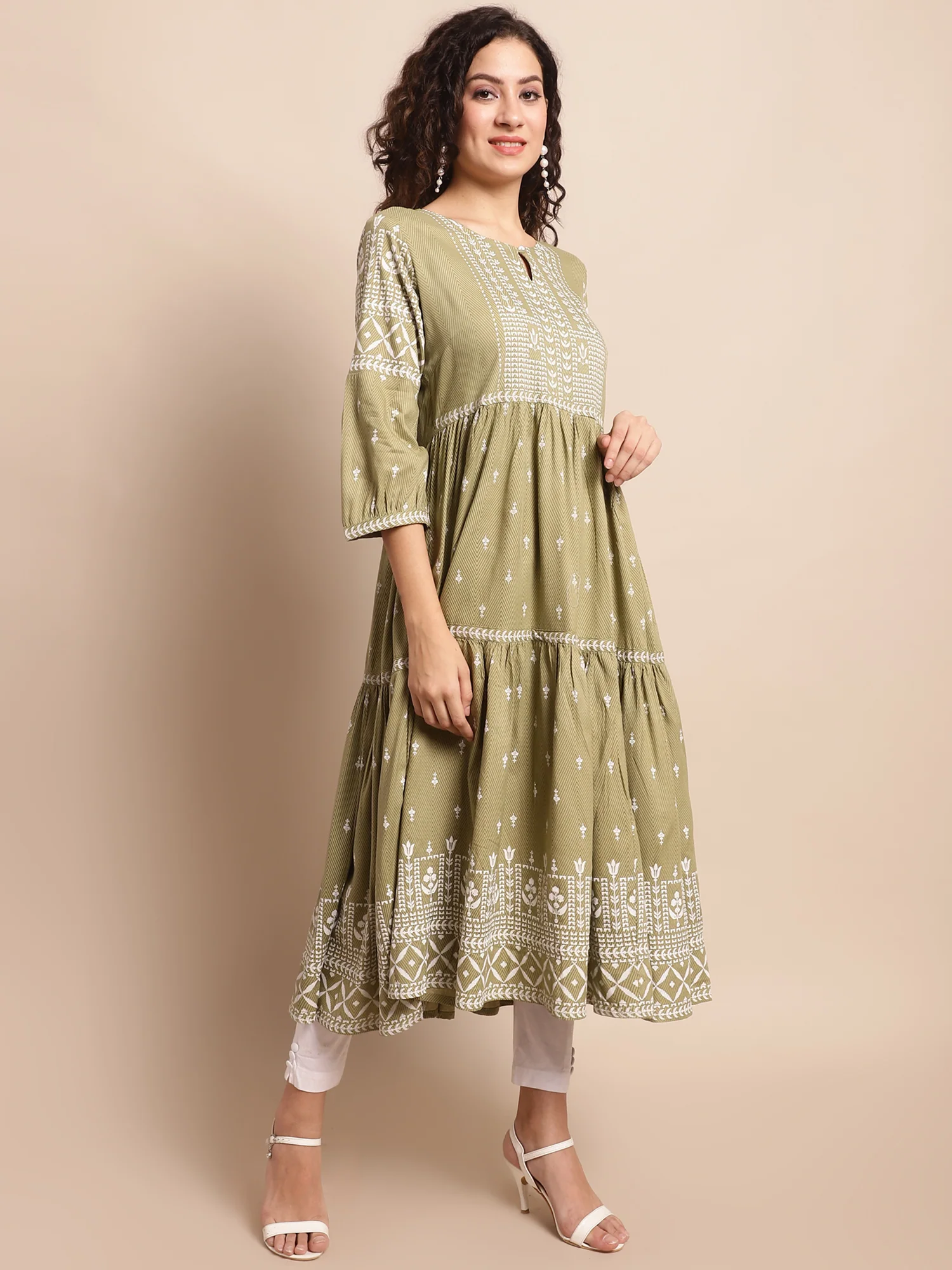 Women's Casual Round Neck Green All Over Printed Calf Length Kurti - Image 3