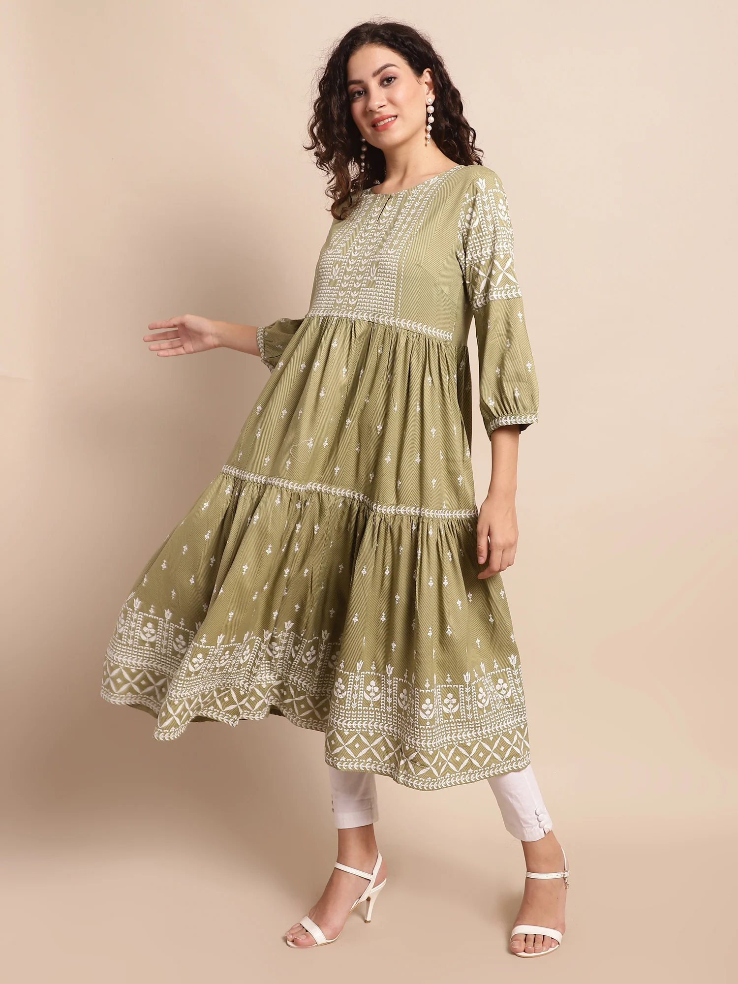 Women's Casual Round Neck Green All Over Printed Calf Length Kurti - Image 4