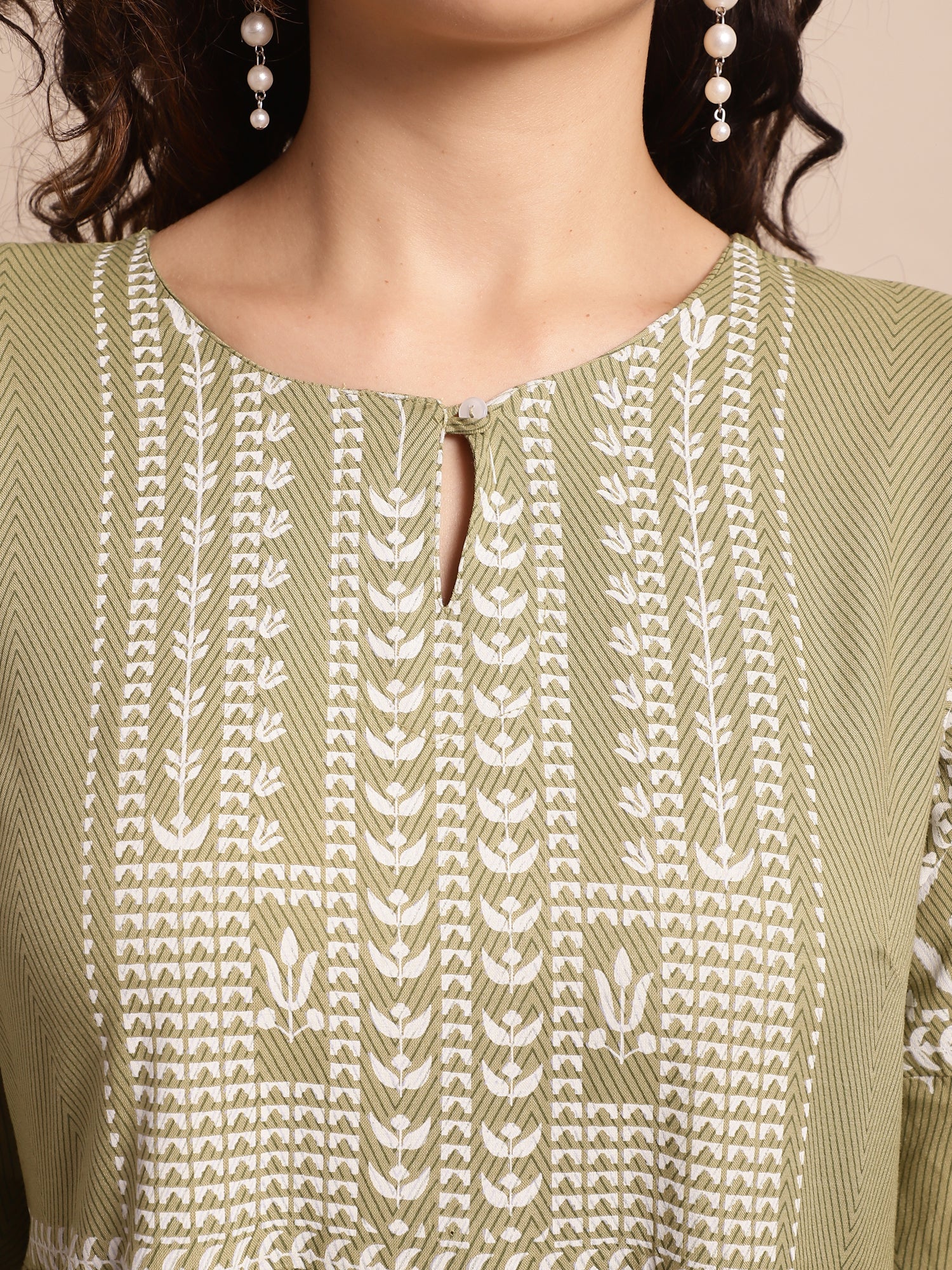 Women's Casual Round Neck Green All Over Printed Calf Length Kurti - Image 5