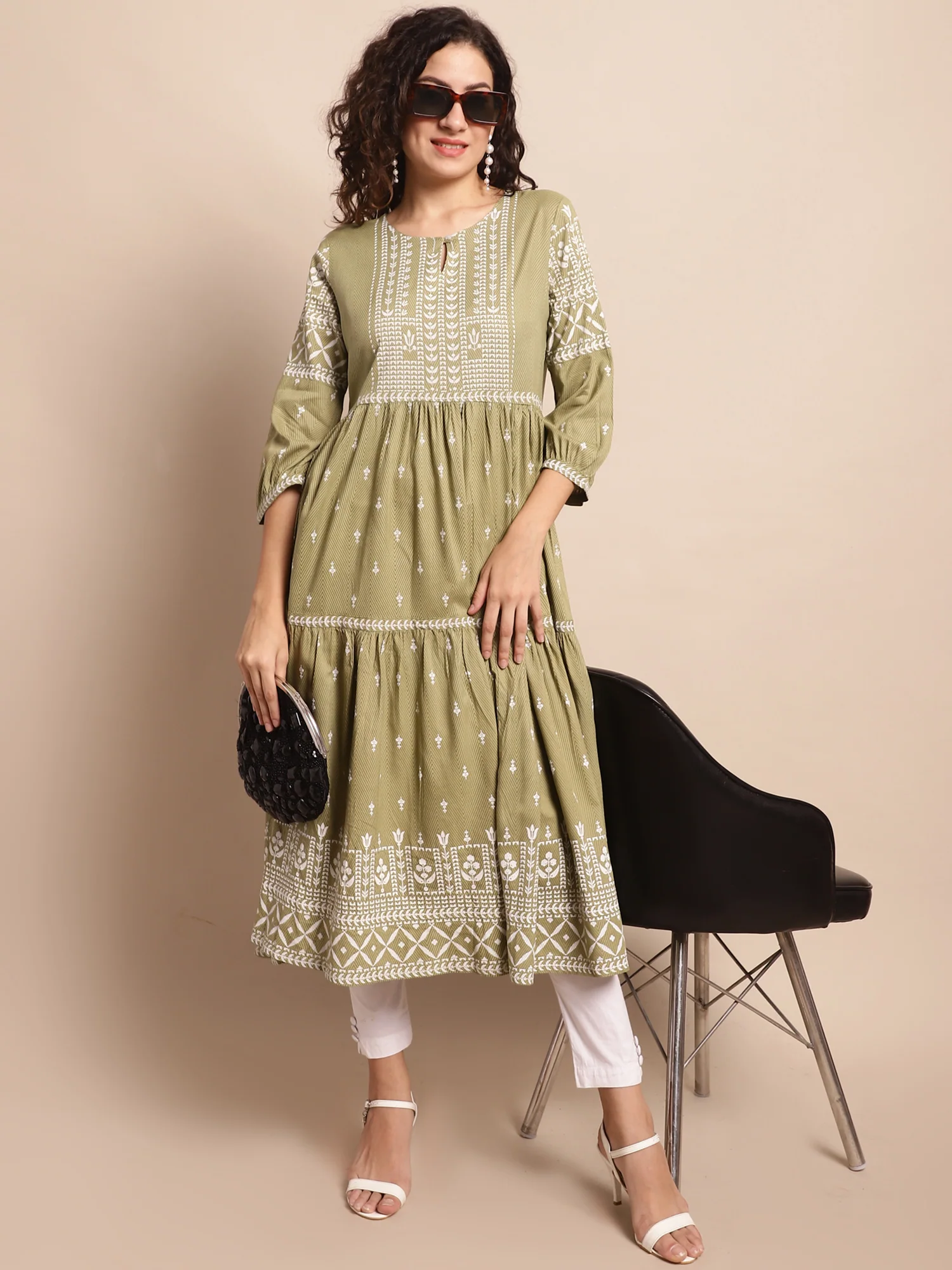 Women's Casual Round Neck Green All Over Printed Calf Length Kurti - Image 6