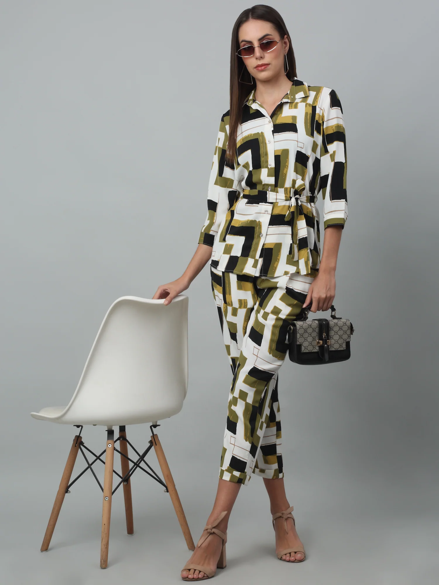 Women Green Printed Shirt Collar 3/4 Sleeve Co-ord Set For Summer - Image 5