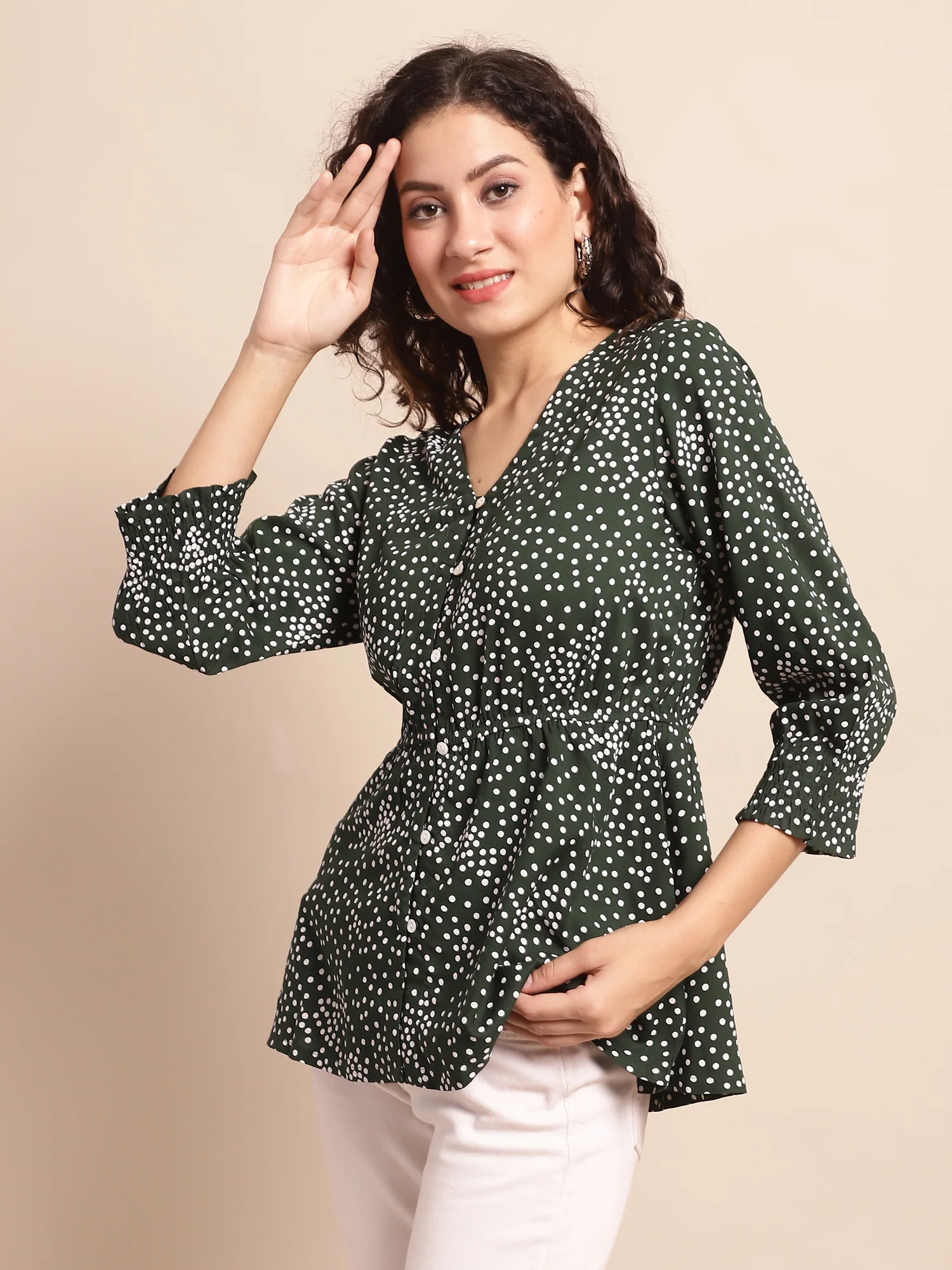 Women's Casual  Green Polka dot Print V neck Top - Image 4