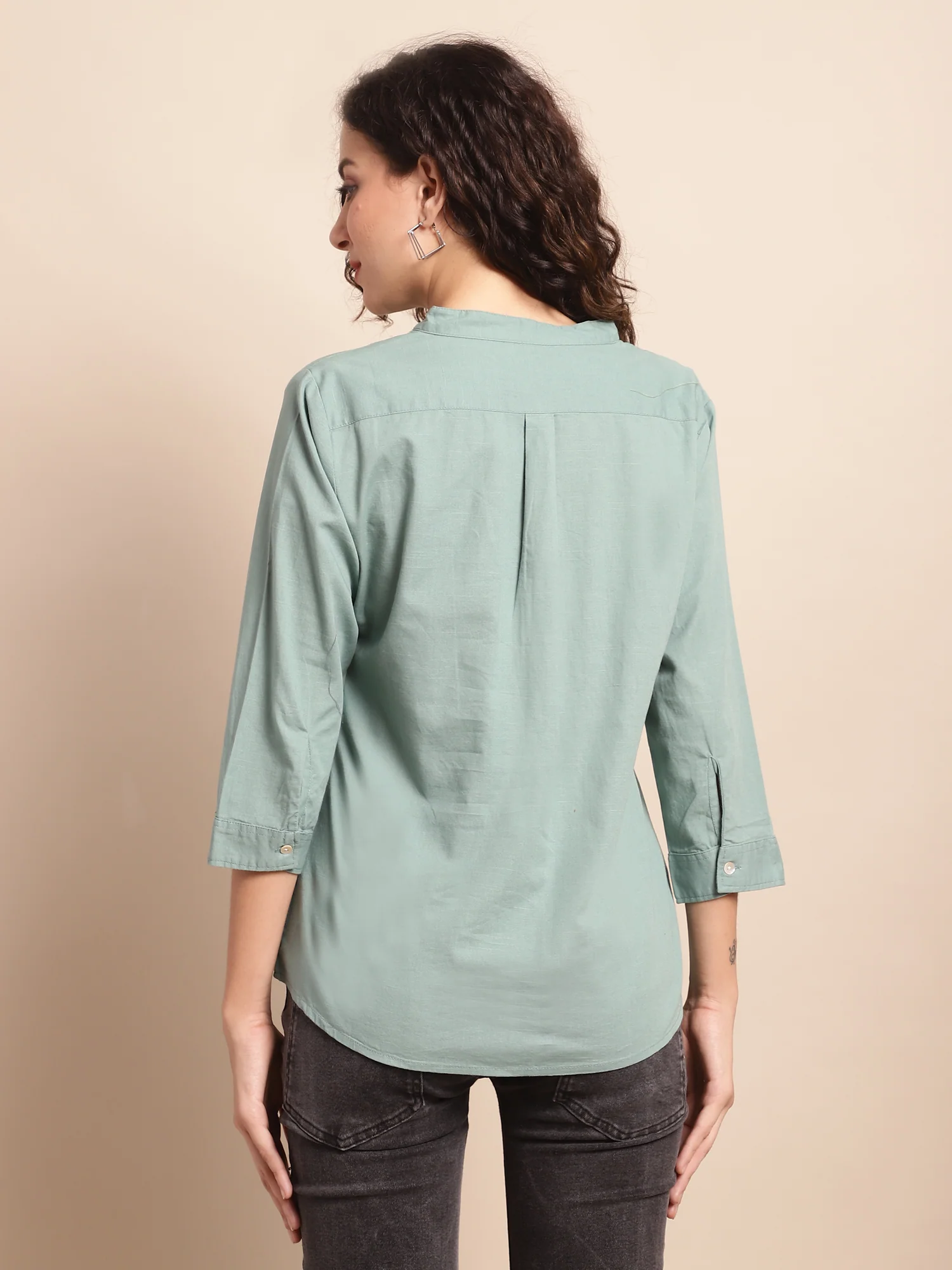 Women's Casual  Aqua Green Solid Mandarin Collar Tunic - Image 2