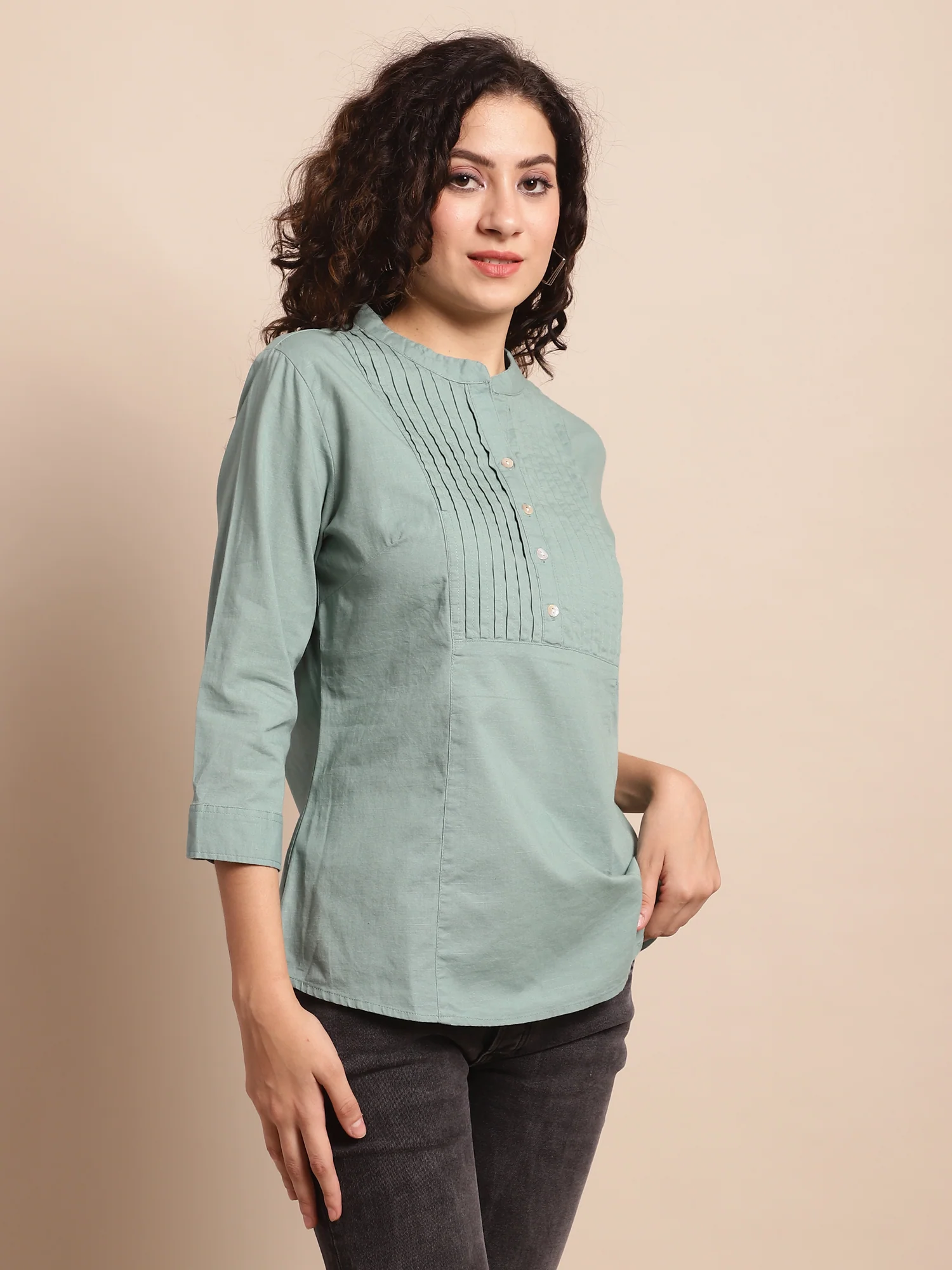 Women's Casual  Aqua Green Solid Mandarin Collar Tunic - Image 3