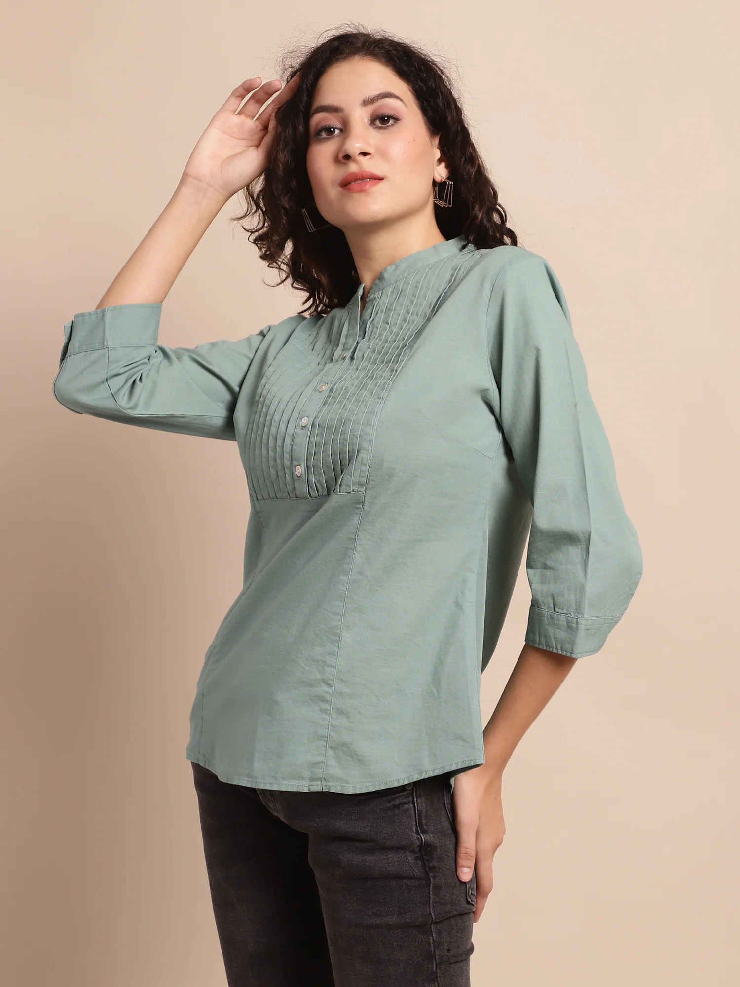 Women's Casual  Aqua Green Solid Mandarin Collar Tunic - Image 4