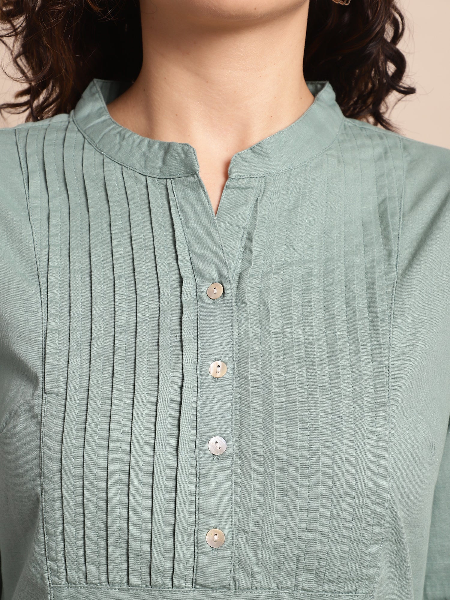 Women's Casual  Aqua Green Solid Mandarin Collar Tunic - Image 5