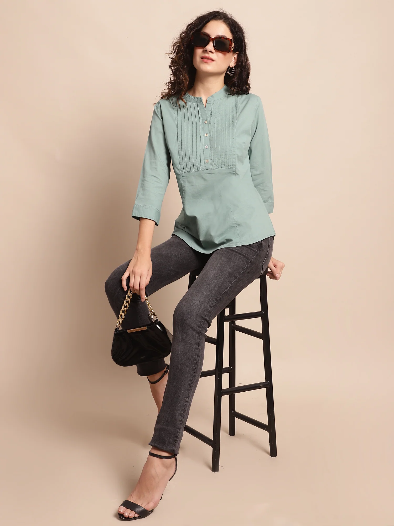 Women's Casual  Aqua Green Solid Mandarin Collar Tunic - Image 6