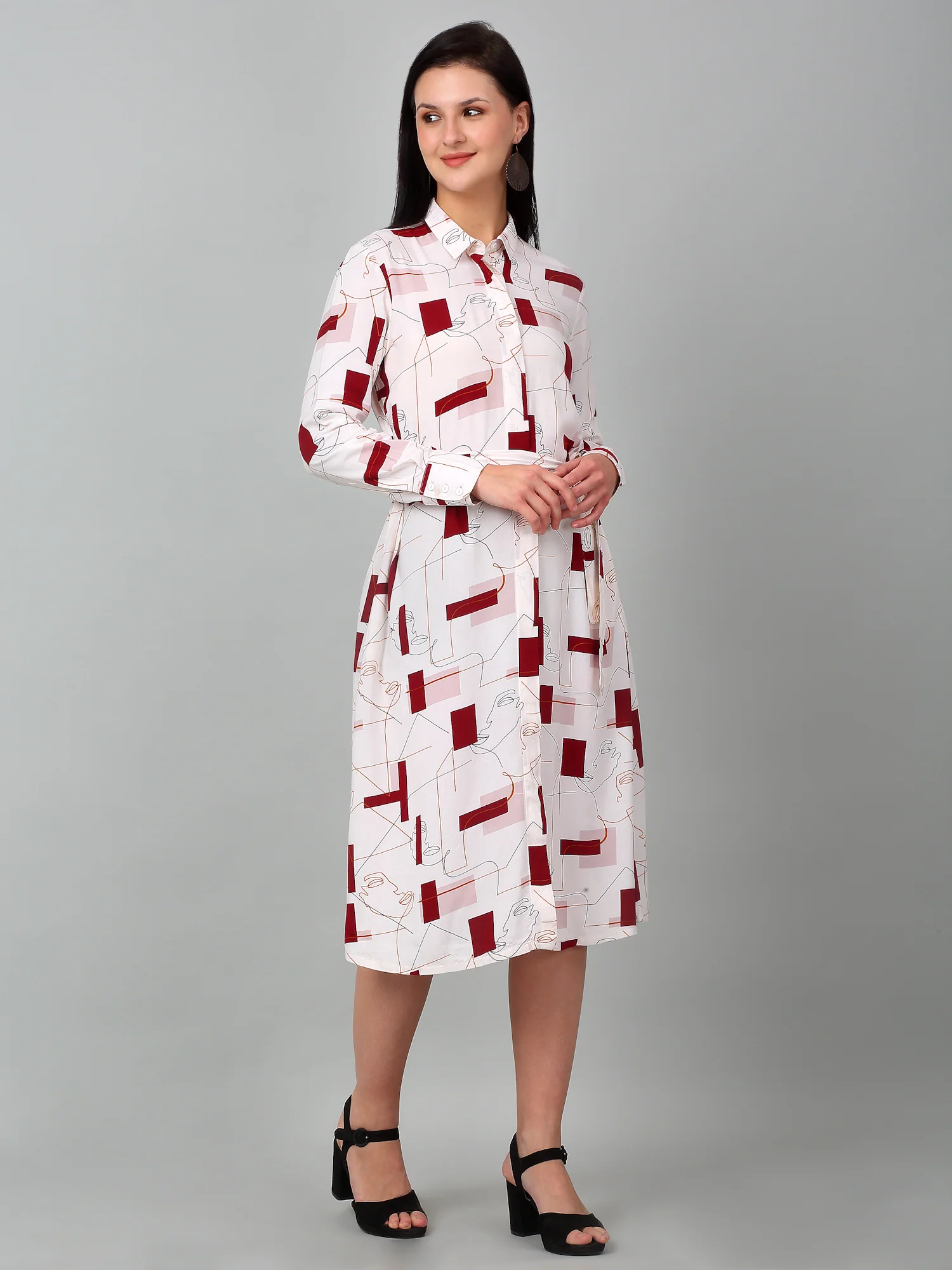 Women Ivory Collar-Neck Printed Dress - Image 3
