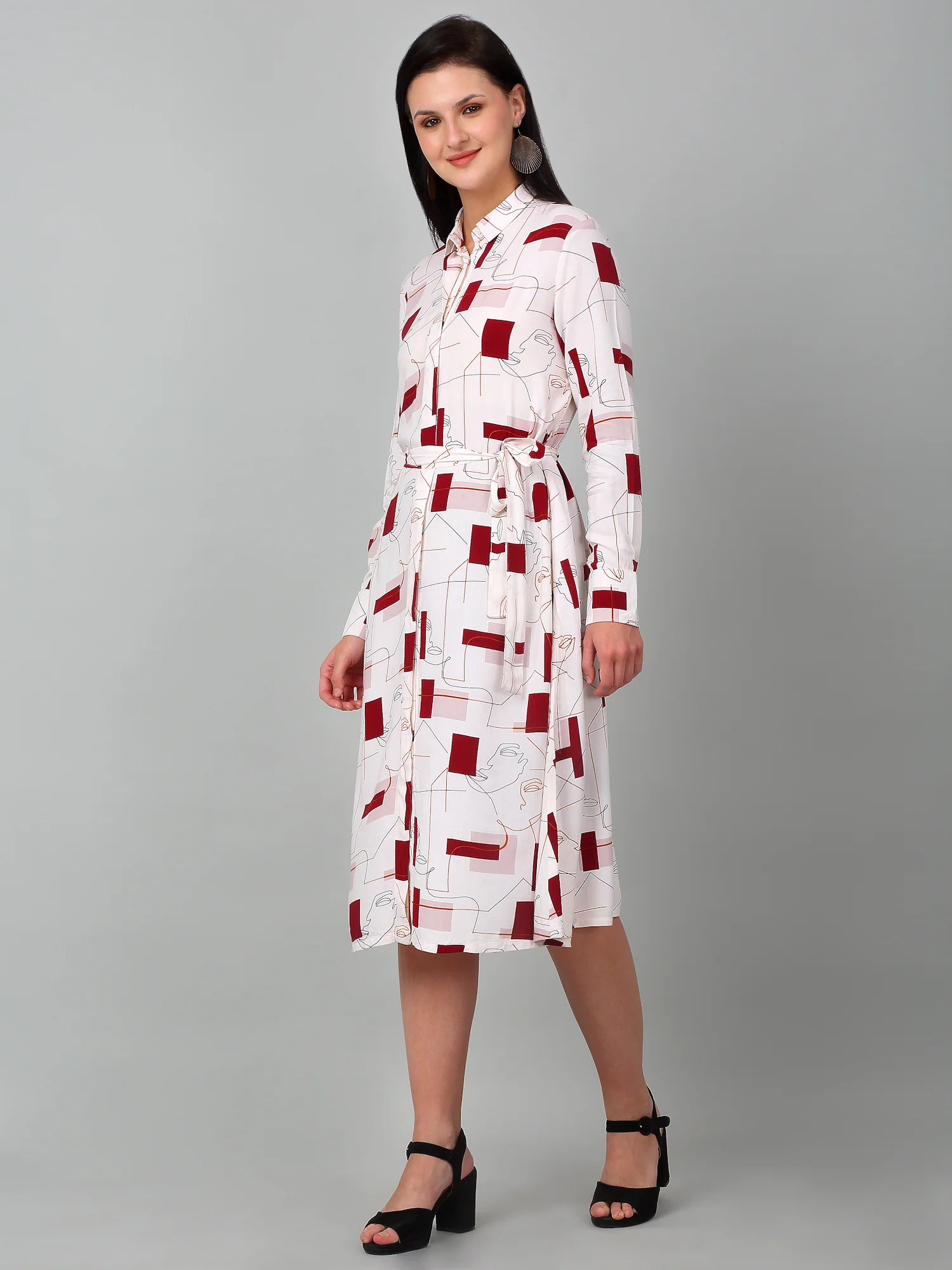 Women Ivory Collar-Neck Printed Dress - Image 4