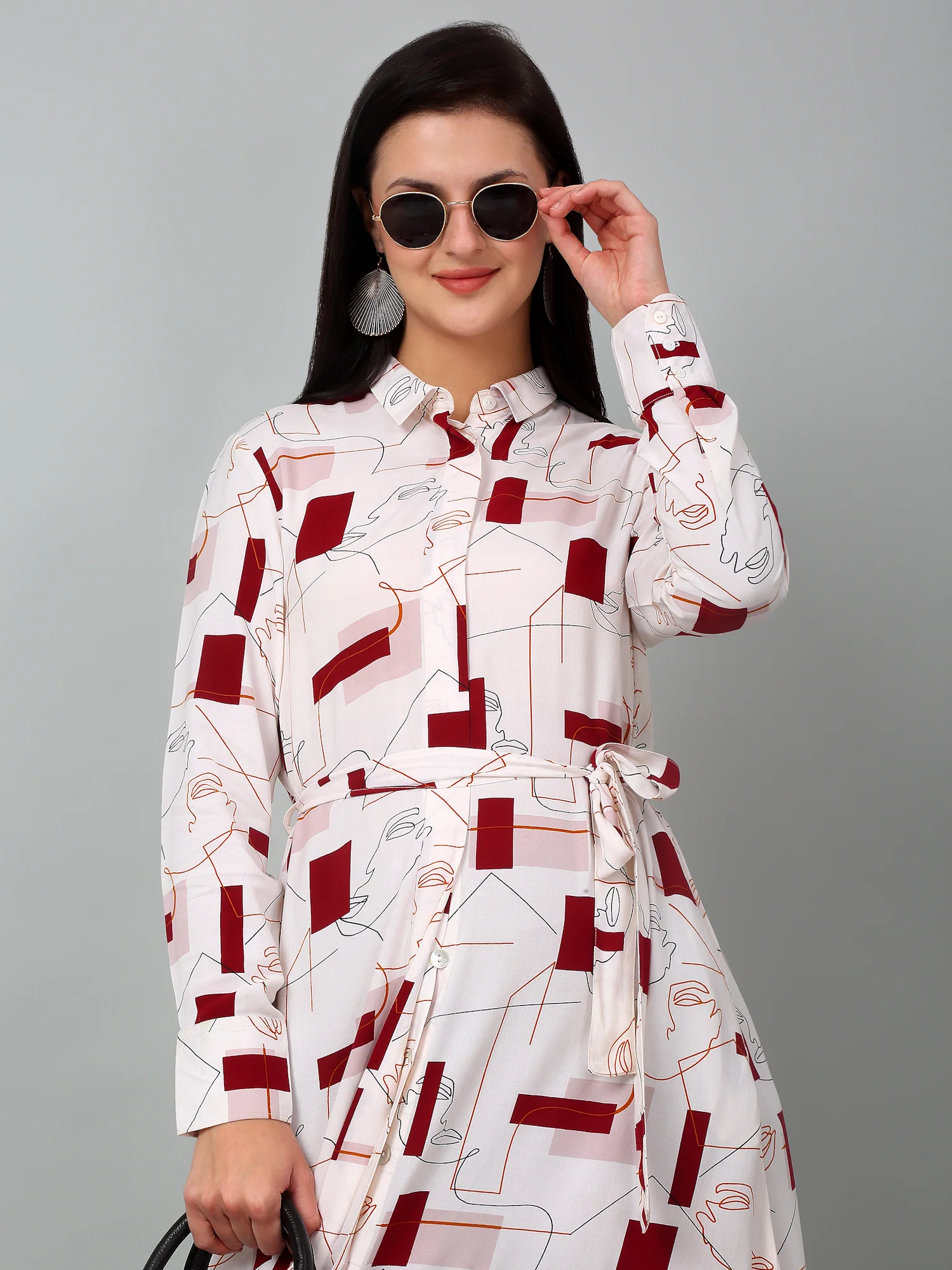 Women Ivory Collar-Neck Printed Dress - Image 6