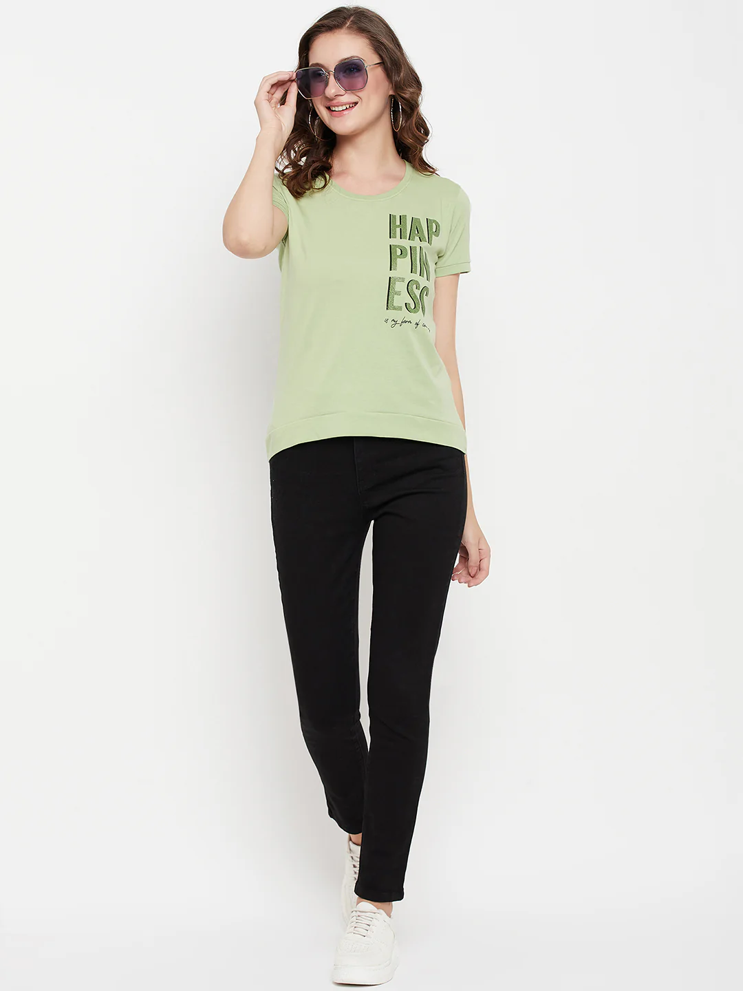 Women's Casual Regular Short Sleeve Light Green Round neck Typographic Print T-Shirt - Image 2