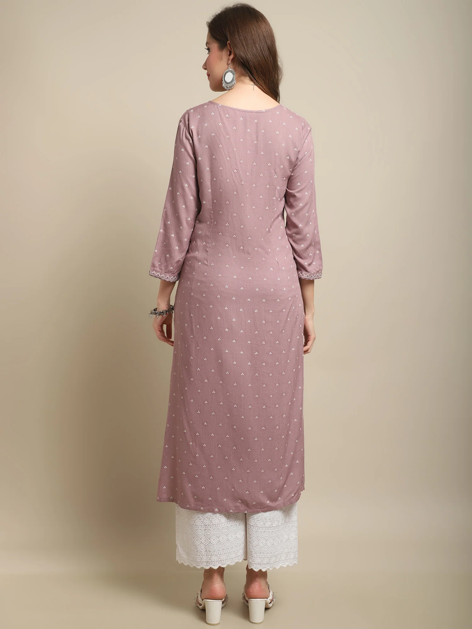 Women's Casual Round Neck Light Purple All Over Printed Calf Length Kurti - Image 2