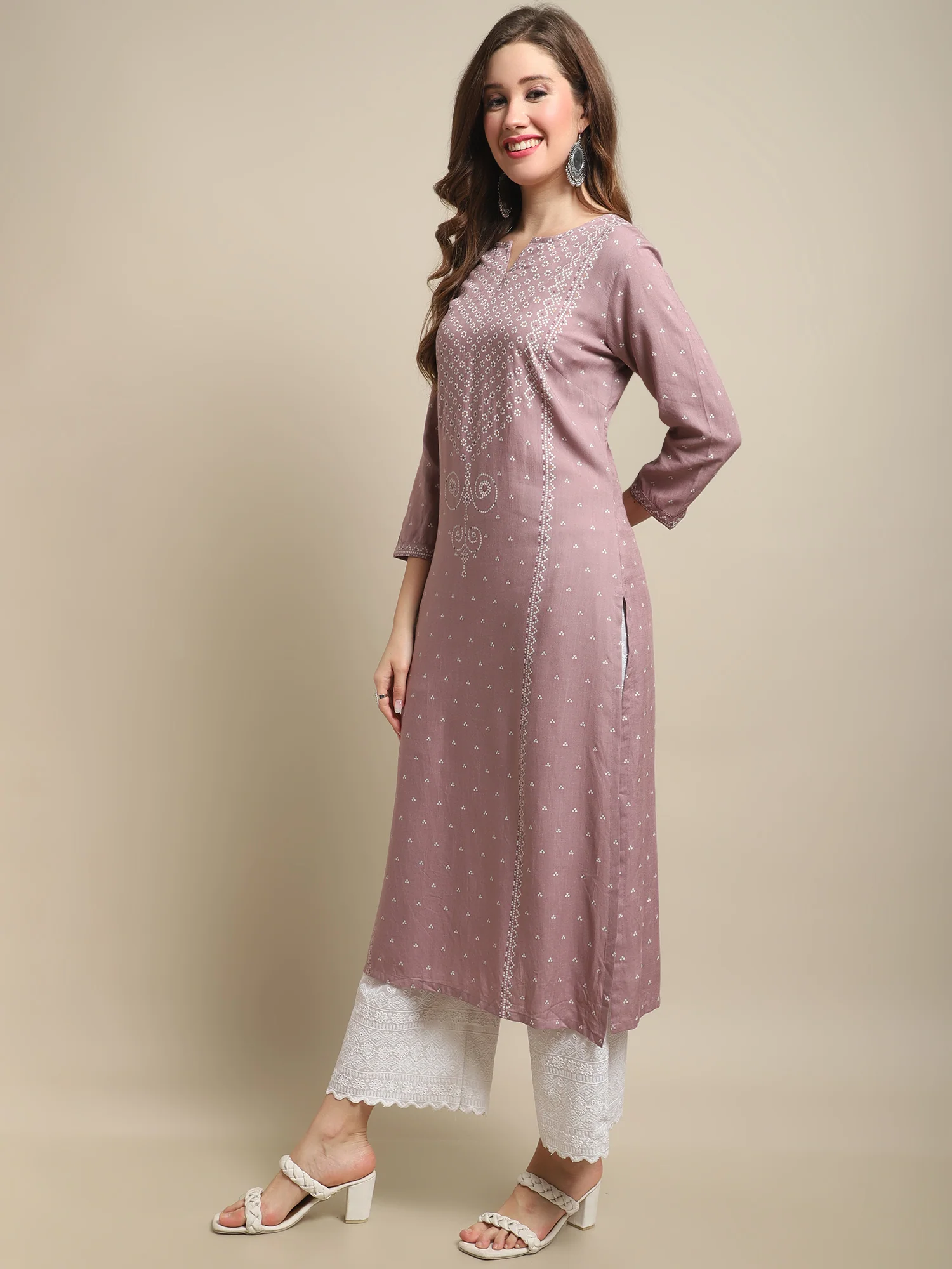 Women's Casual Round Neck Light Purple All Over Printed Calf Length Kurti - Image 3