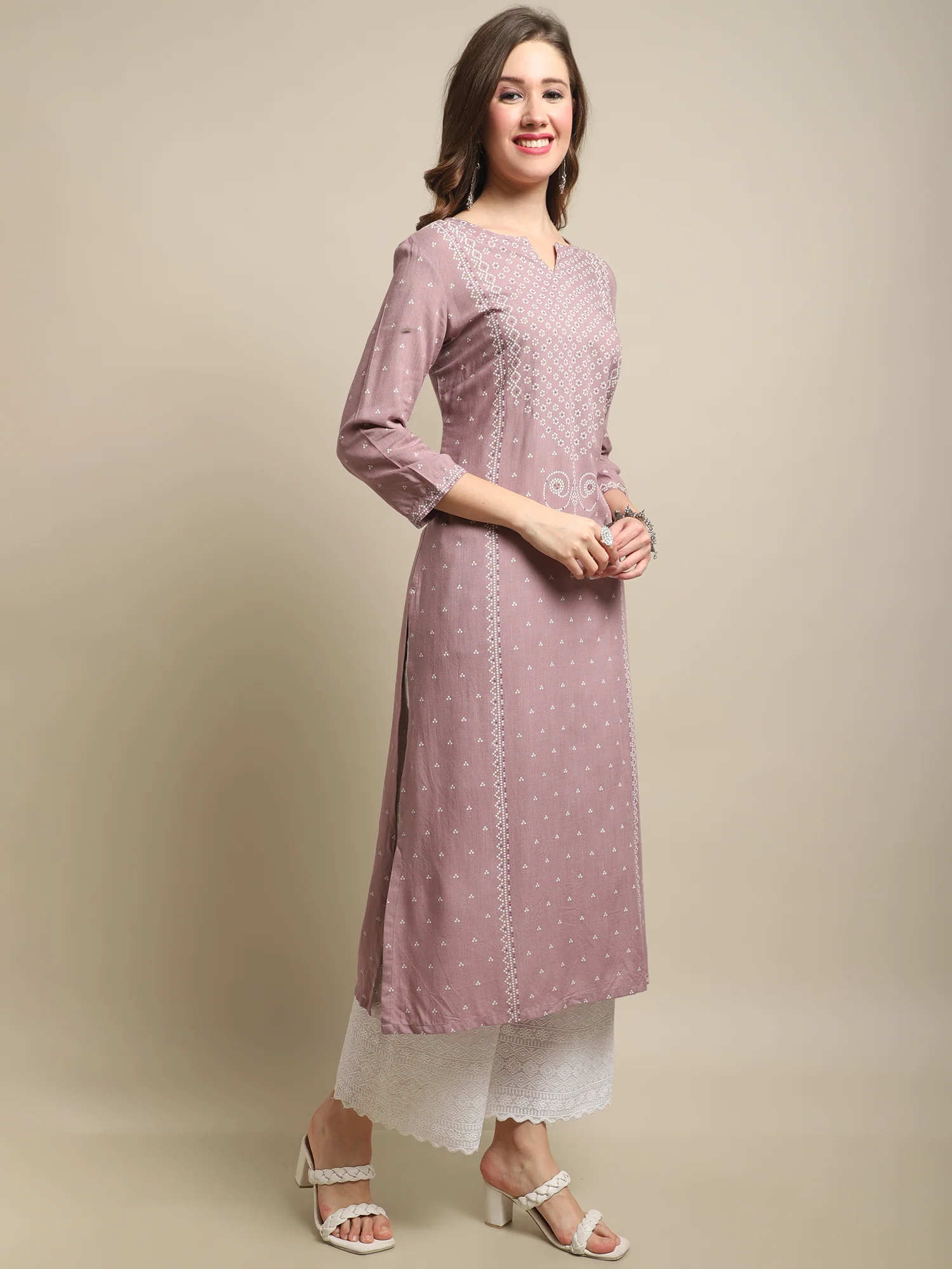 Women's Casual Round Neck Light Purple All Over Printed Calf Length Kurti - Image 4