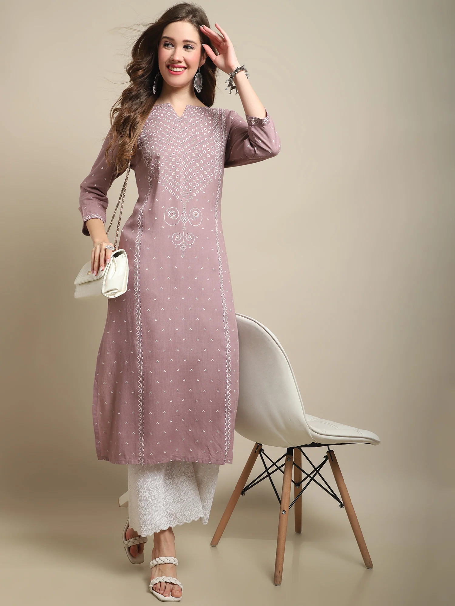 Women's Casual Round Neck Light Purple All Over Printed Calf Length Kurti - Image 5