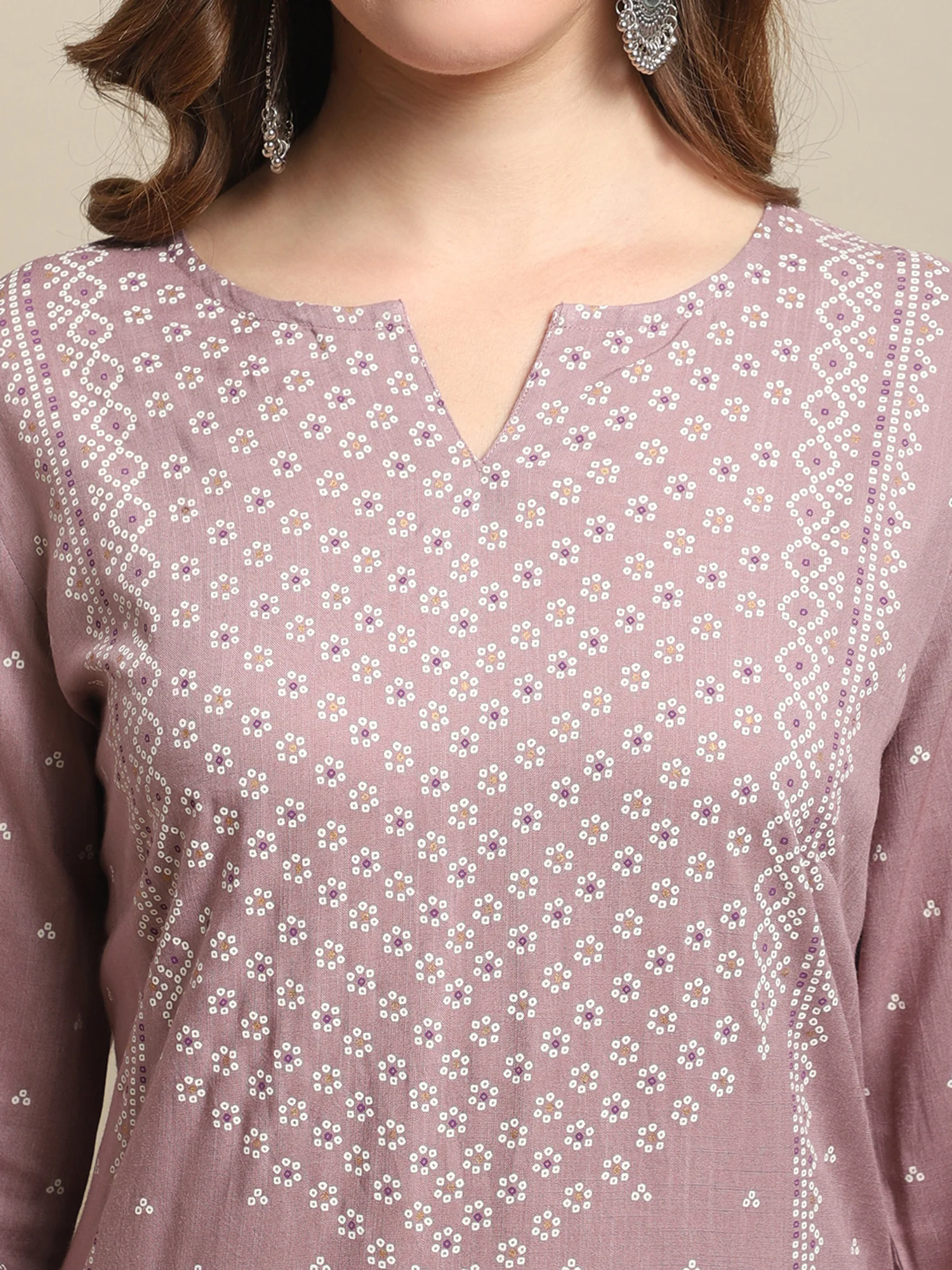 Women's Casual Round Neck Light Purple All Over Printed Calf Length Kurti - Image 6