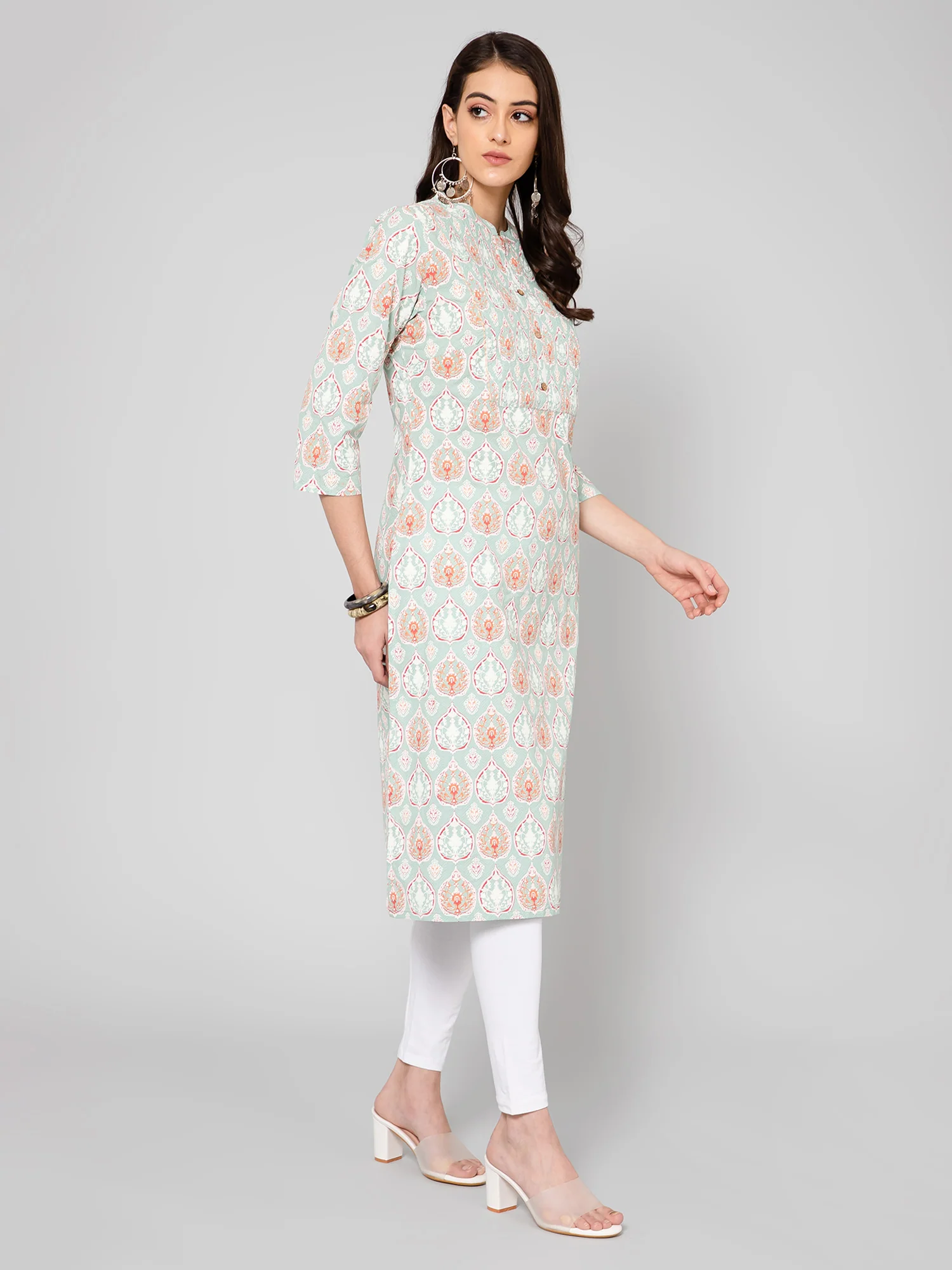Women's Casual Band Collar Mintgreen Printed   Knee length Kurti - Image 2