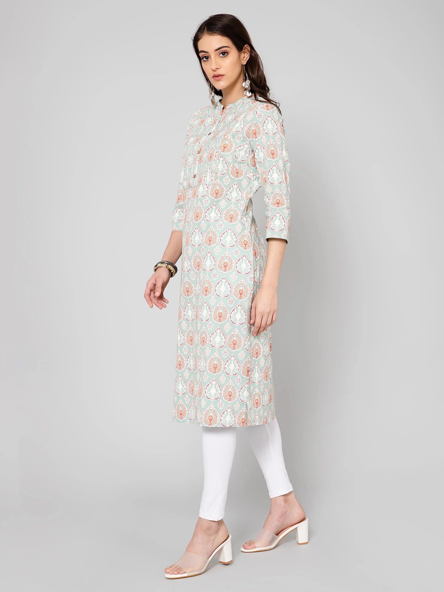 Women's Casual Band Collar Mintgreen Printed   Knee length Kurti - Image 3