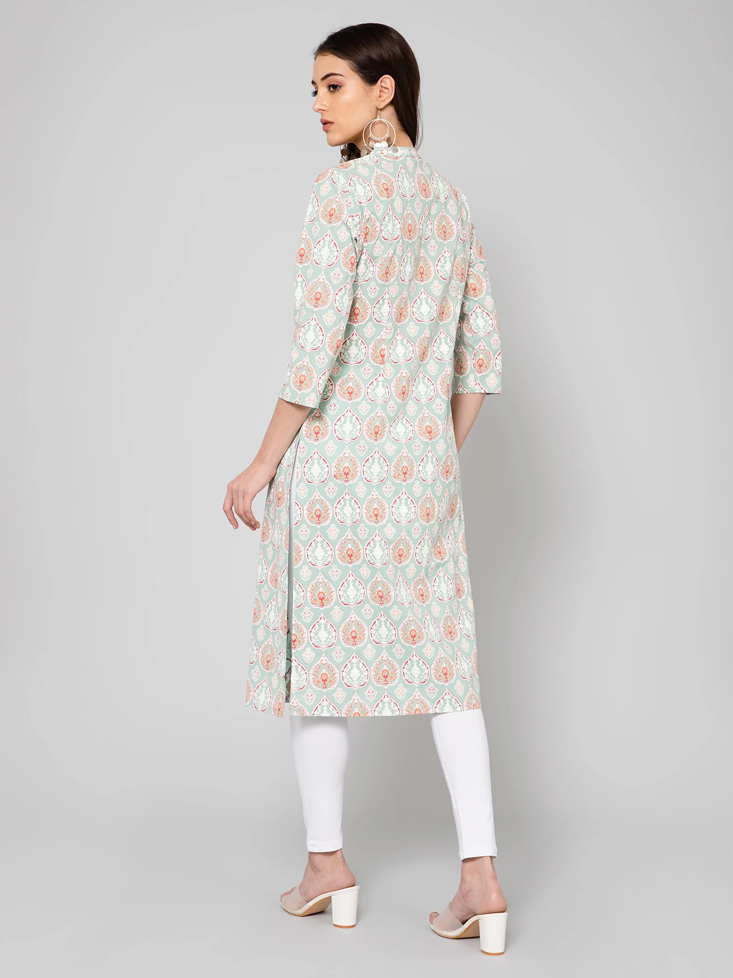 Women's Casual Band Collar Mintgreen Printed   Knee length Kurti - Image 4