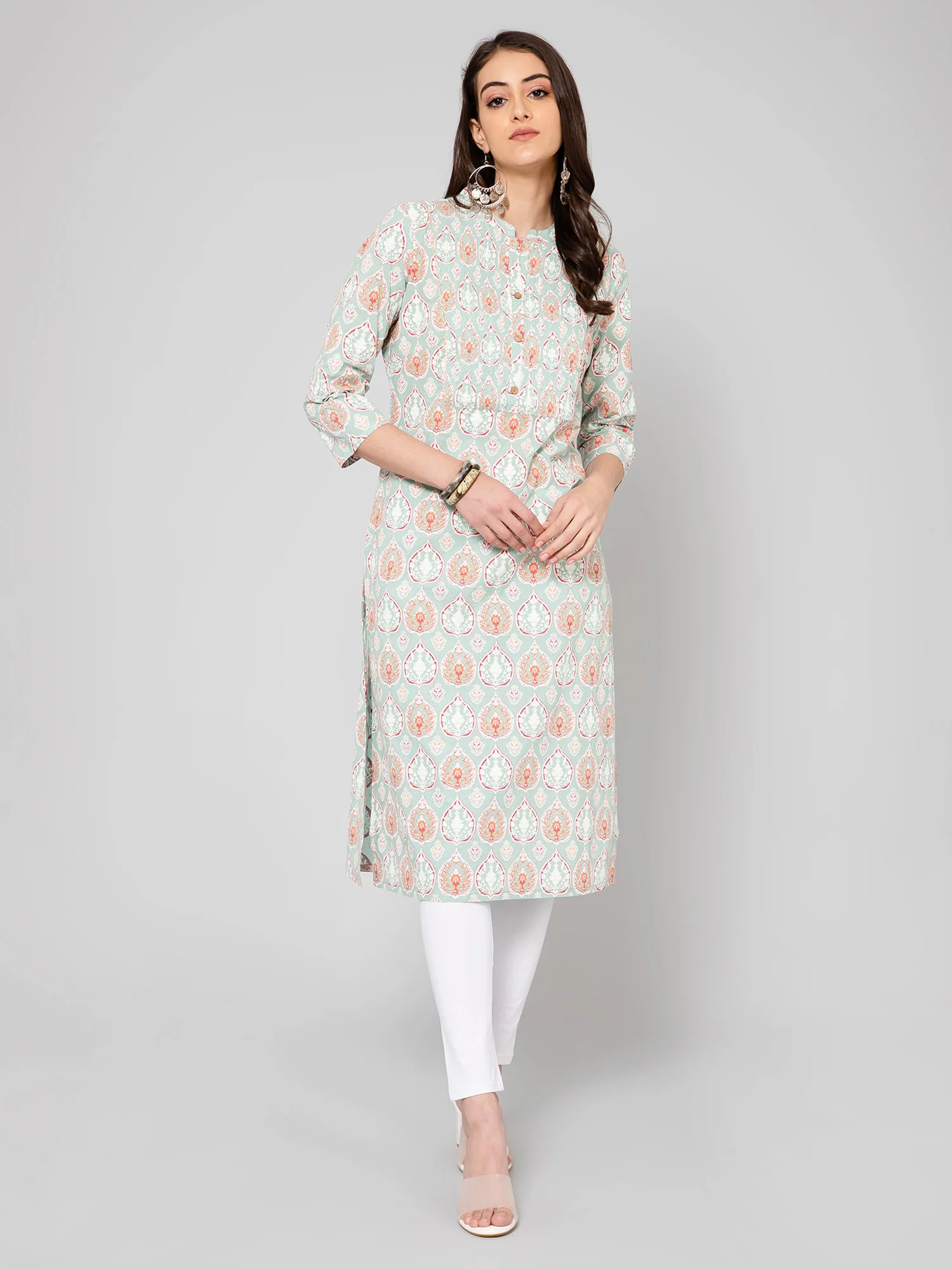 Women's Casual Band Collar Mintgreen Printed   Knee length Kurti - Image 5