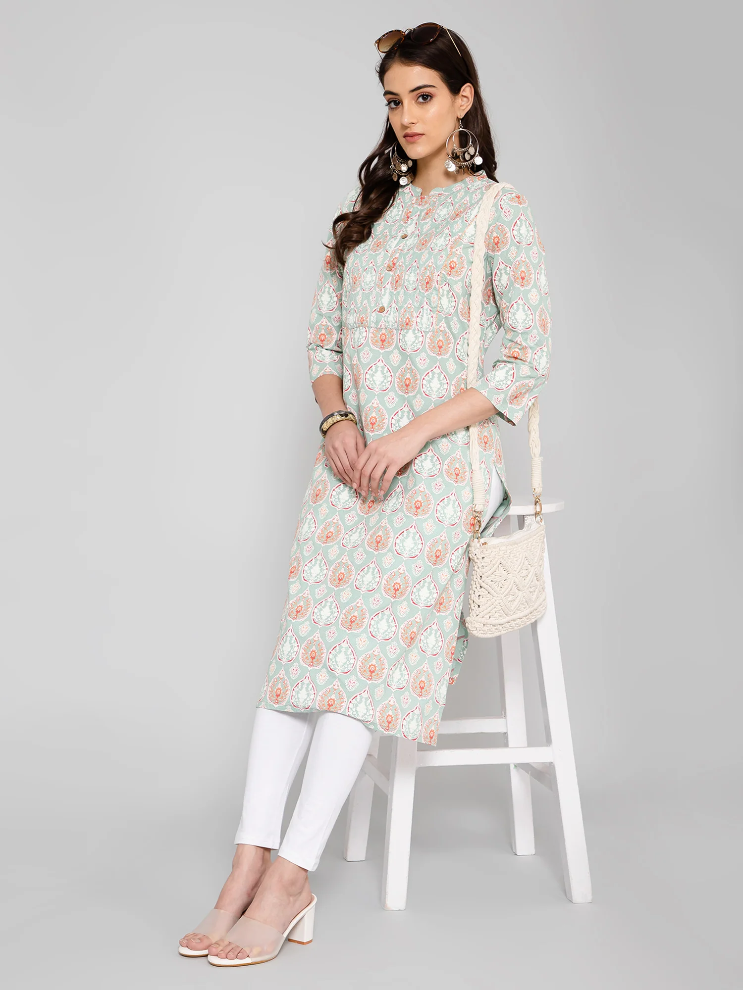 Women's Casual Band Collar Mintgreen Printed   Knee length Kurti - Image 6