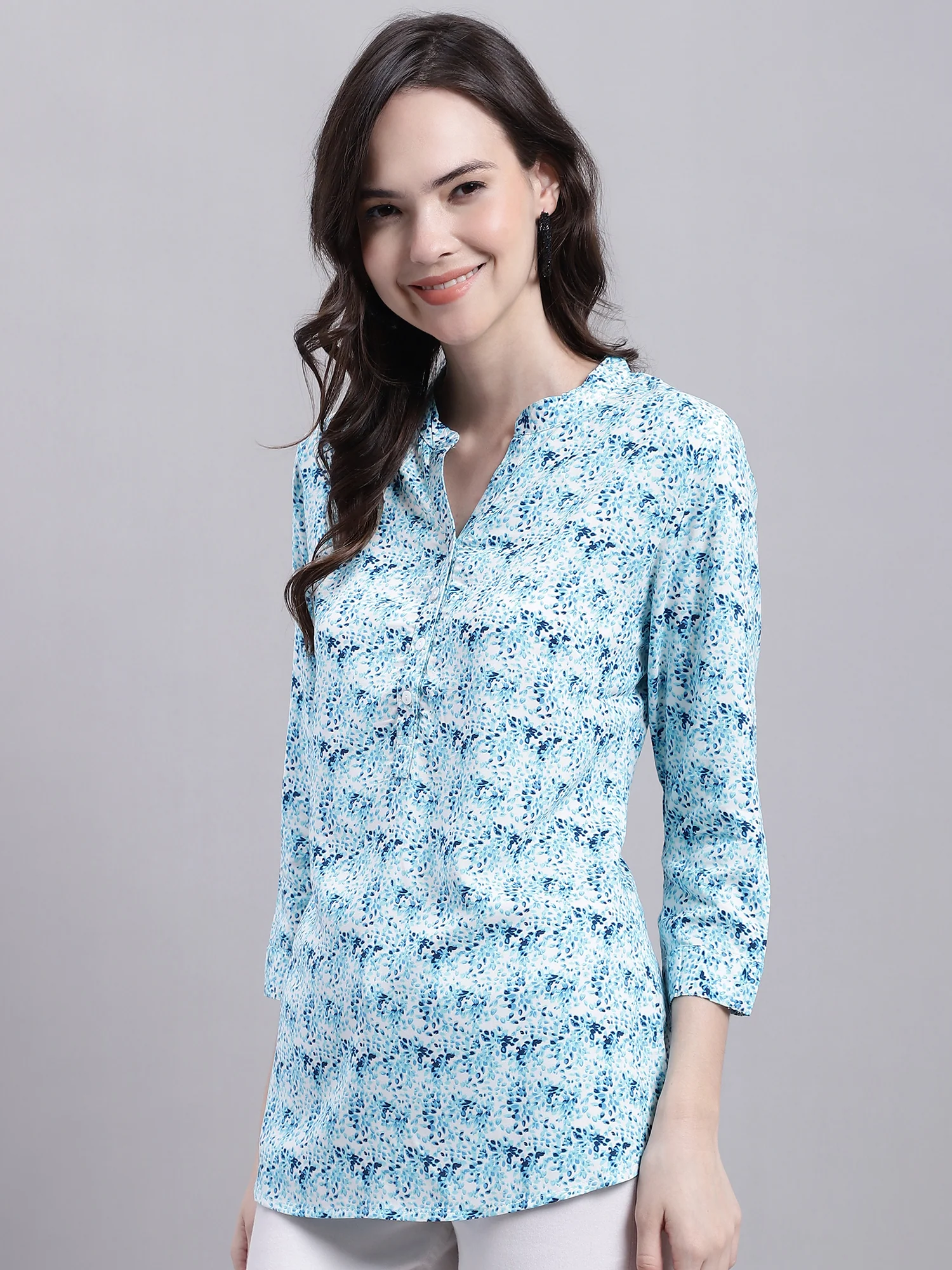 Women's Casual  Multi Color Floral Print Mandarin Collar Top - Image 3