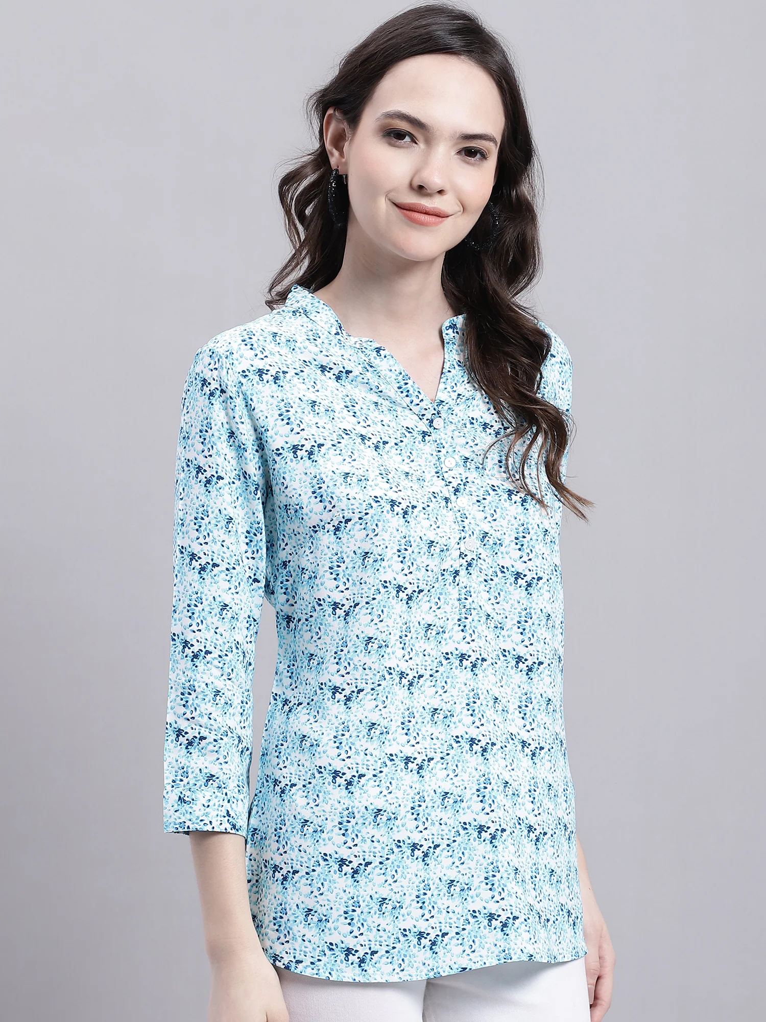 Women's Casual  Multi Color Floral Print Mandarin Collar Top - Image 4