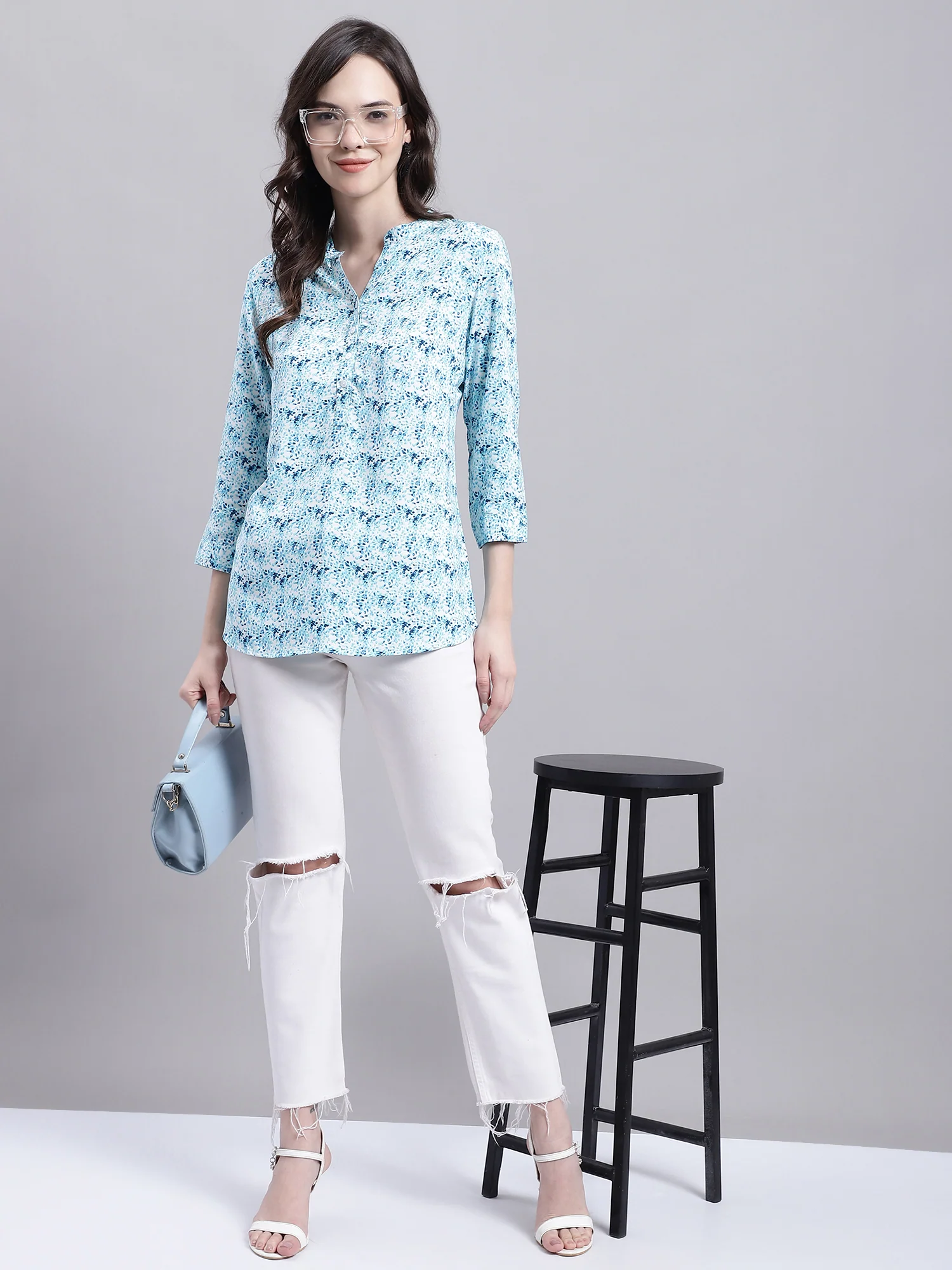 Women's Casual  Multi Color Floral Print Mandarin Collar Top - Image 5