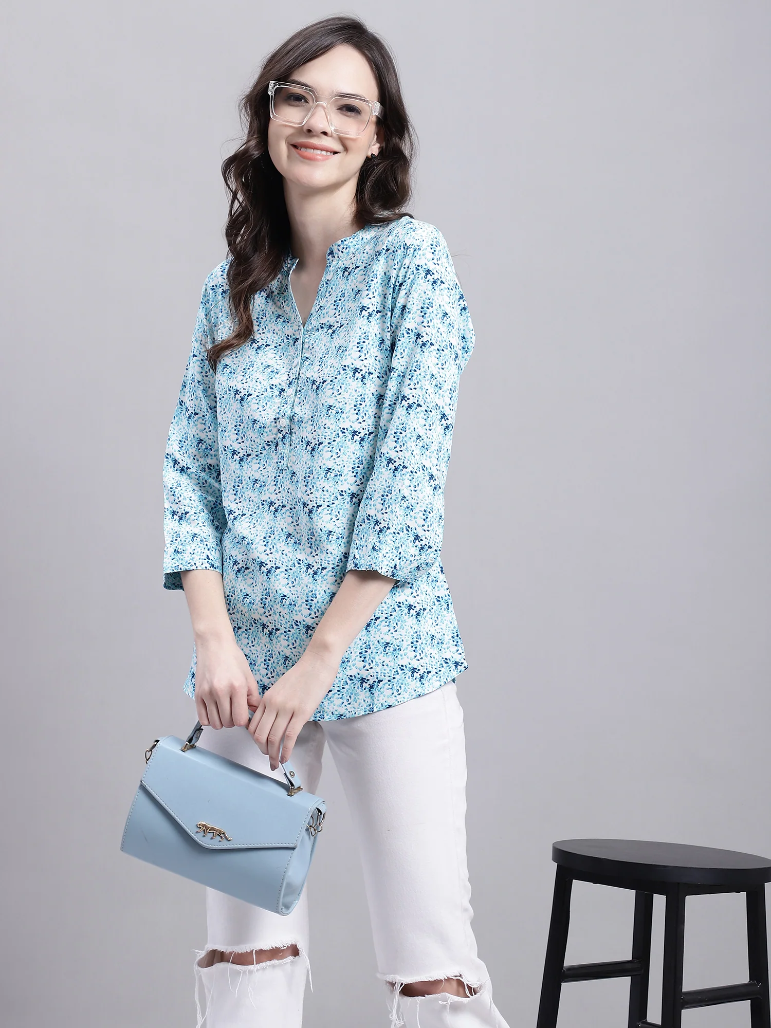 Women's Casual  Multi Color Floral Print Mandarin Collar Top - Image 6