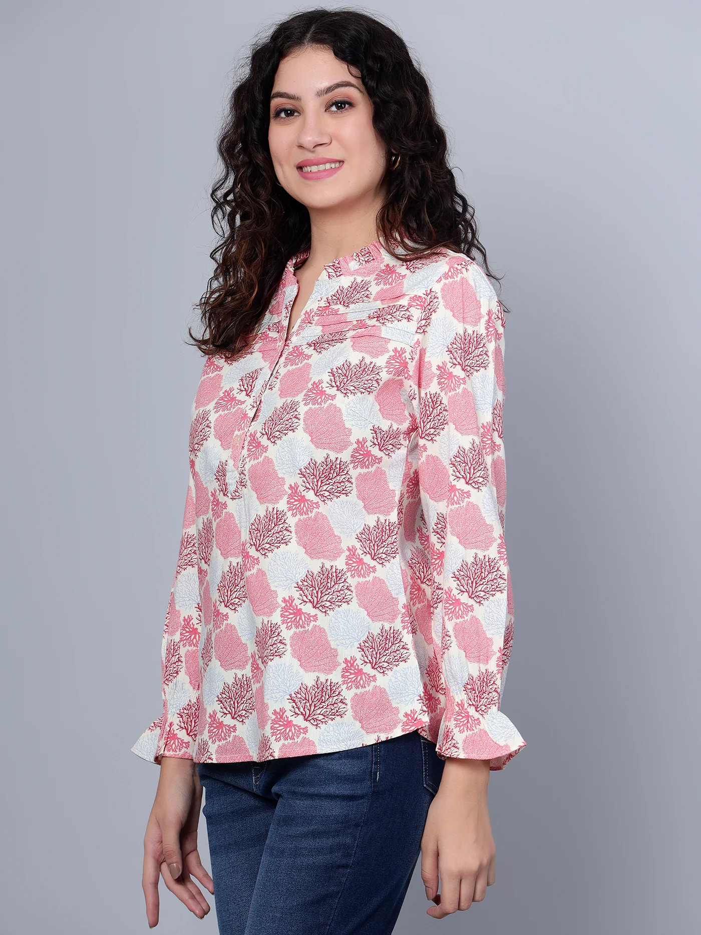 Women's Casual  Multi Color Floral Print Mandarin Collar Top - Image 2