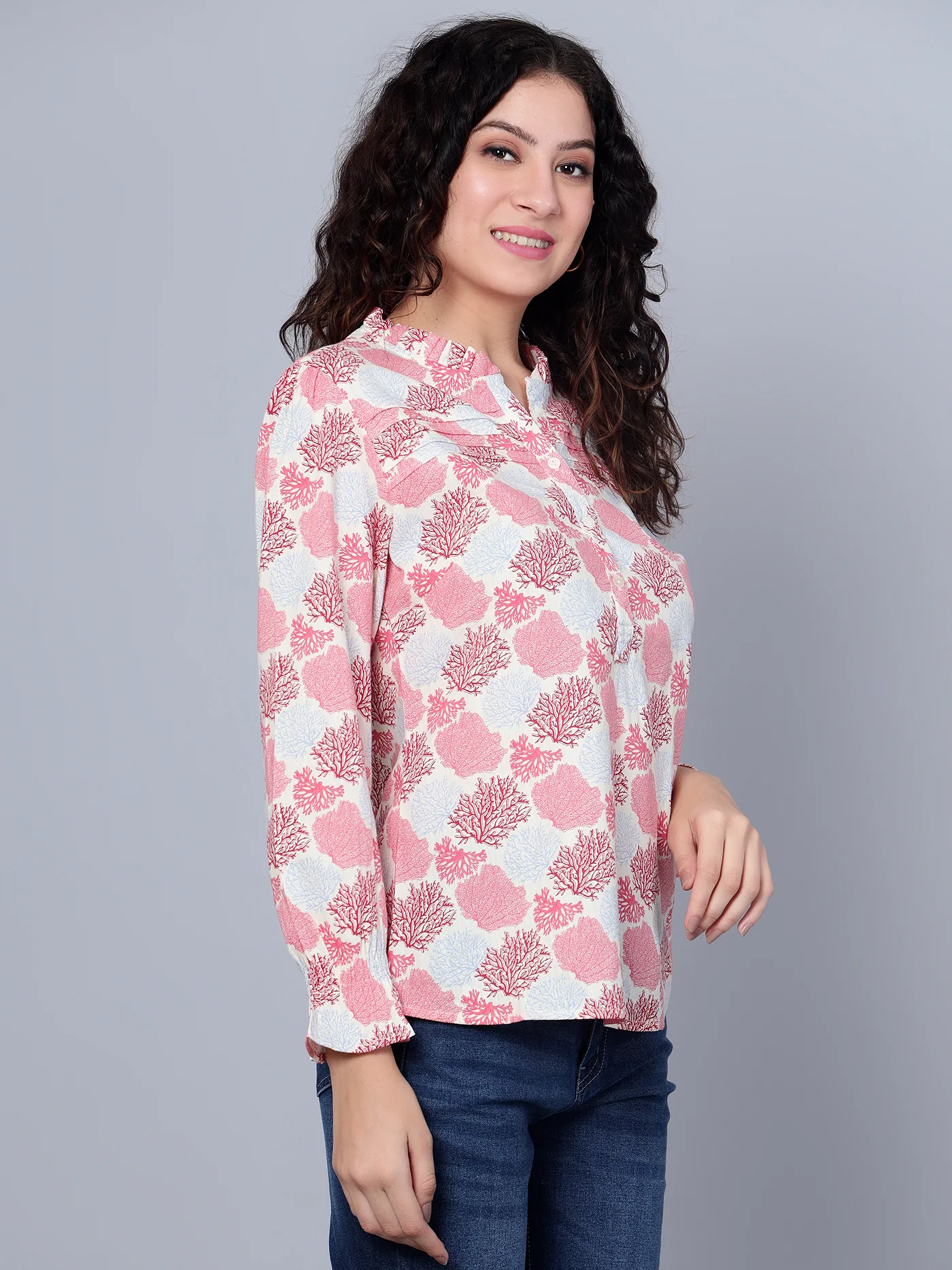 Women's Casual  Multi Color Floral Print Mandarin Collar Top - Image 3