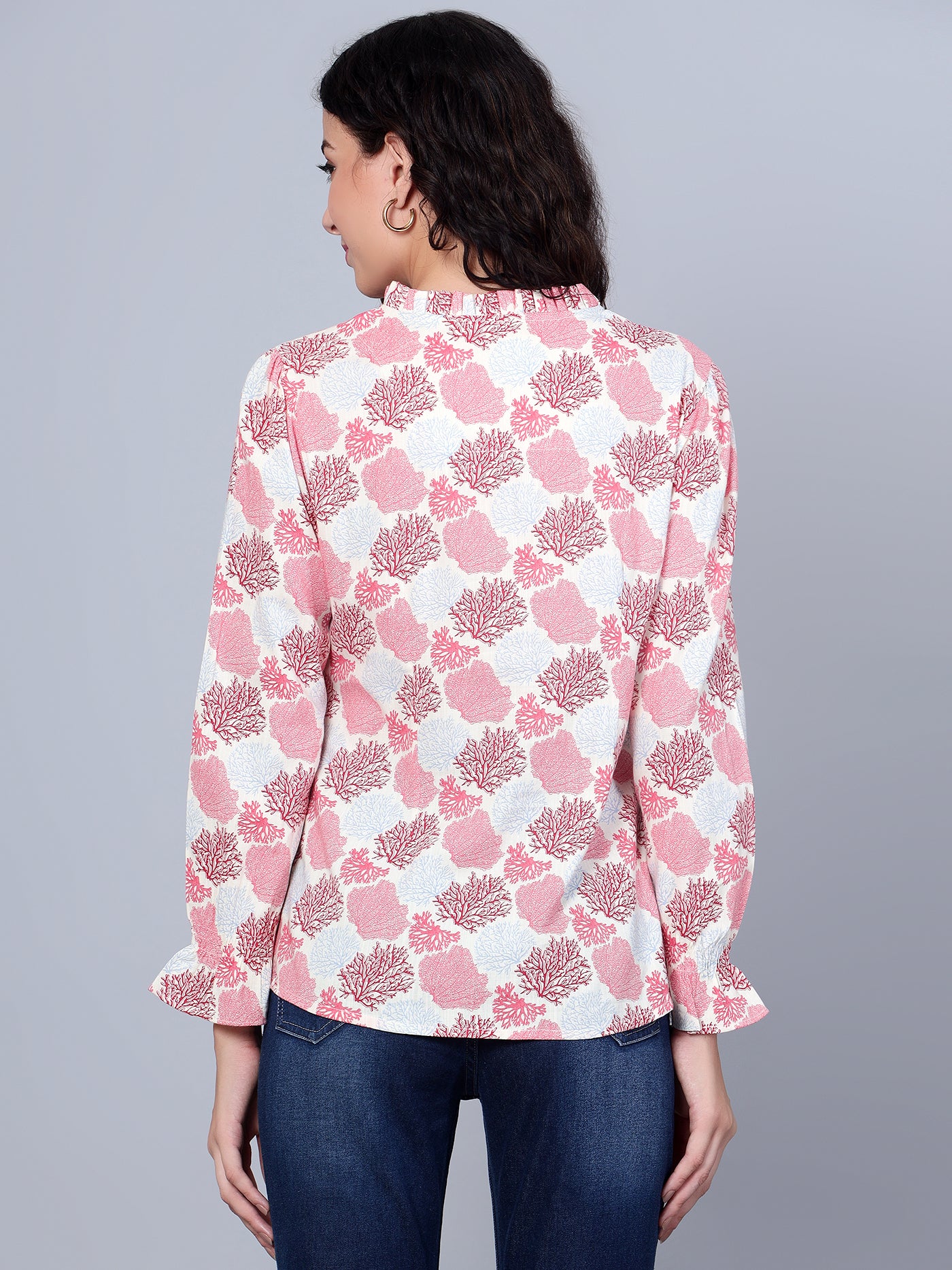 Women's Casual  Multi Color Floral Print Mandarin Collar Top - Image 4