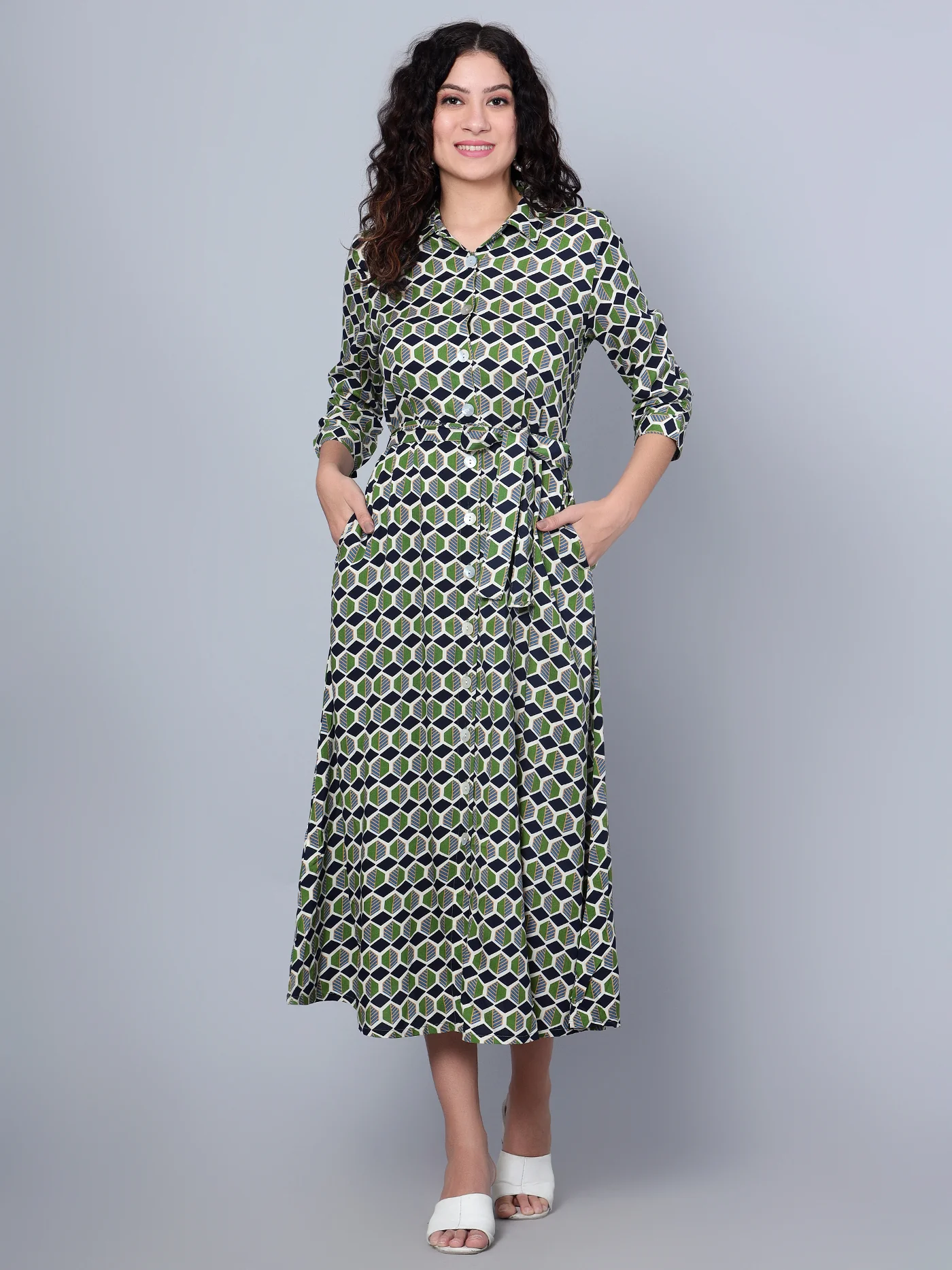 Women's Casual Shirt collar Green Geometric Print Shirt Dress - Image 2