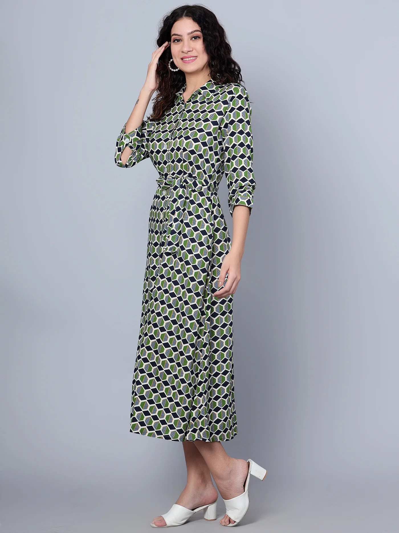 Women's Casual Shirt collar Green Geometric Print Shirt Dress - Image 3