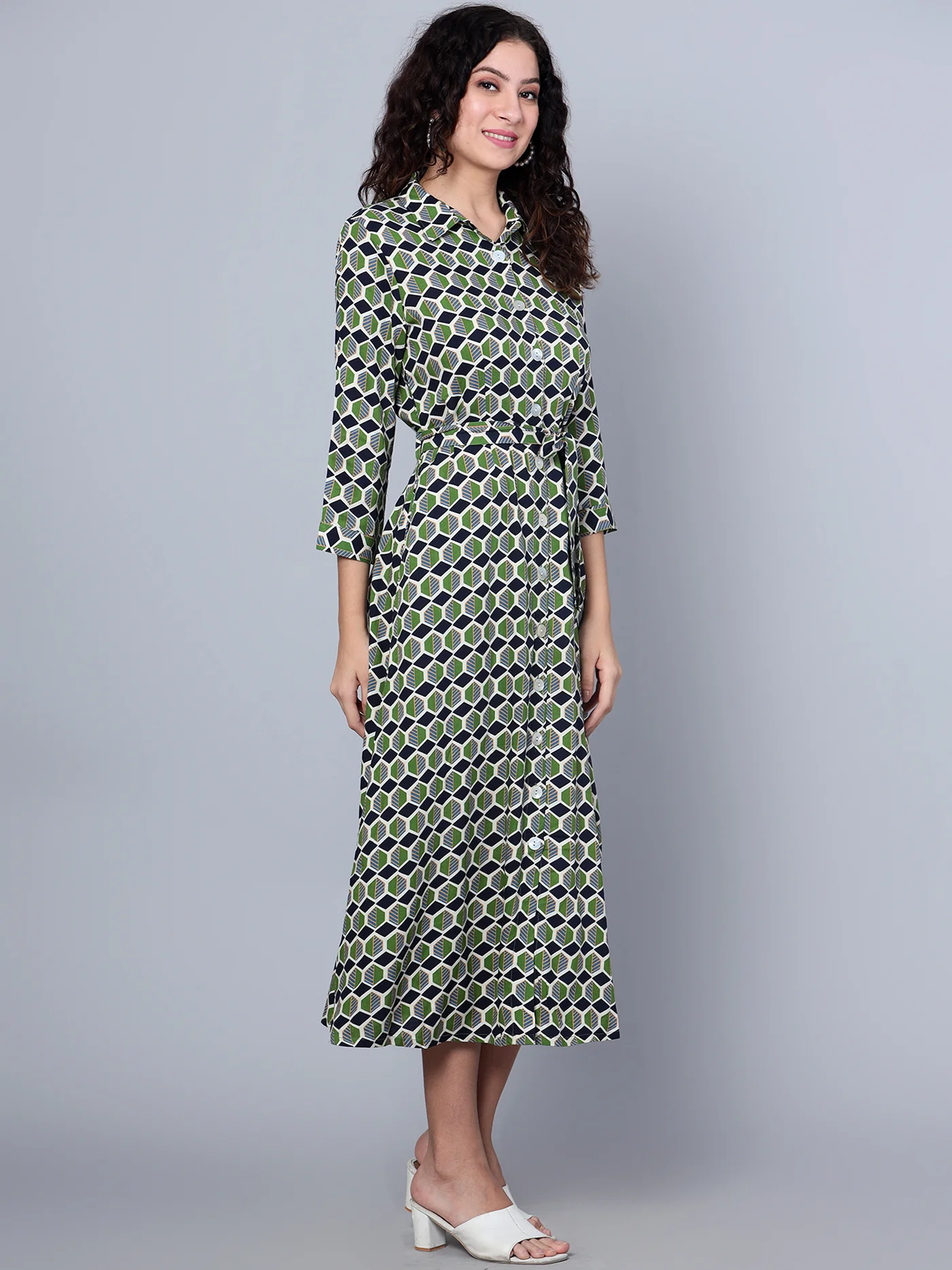 Women's Casual Shirt collar Green Geometric Print Shirt Dress - Image 4