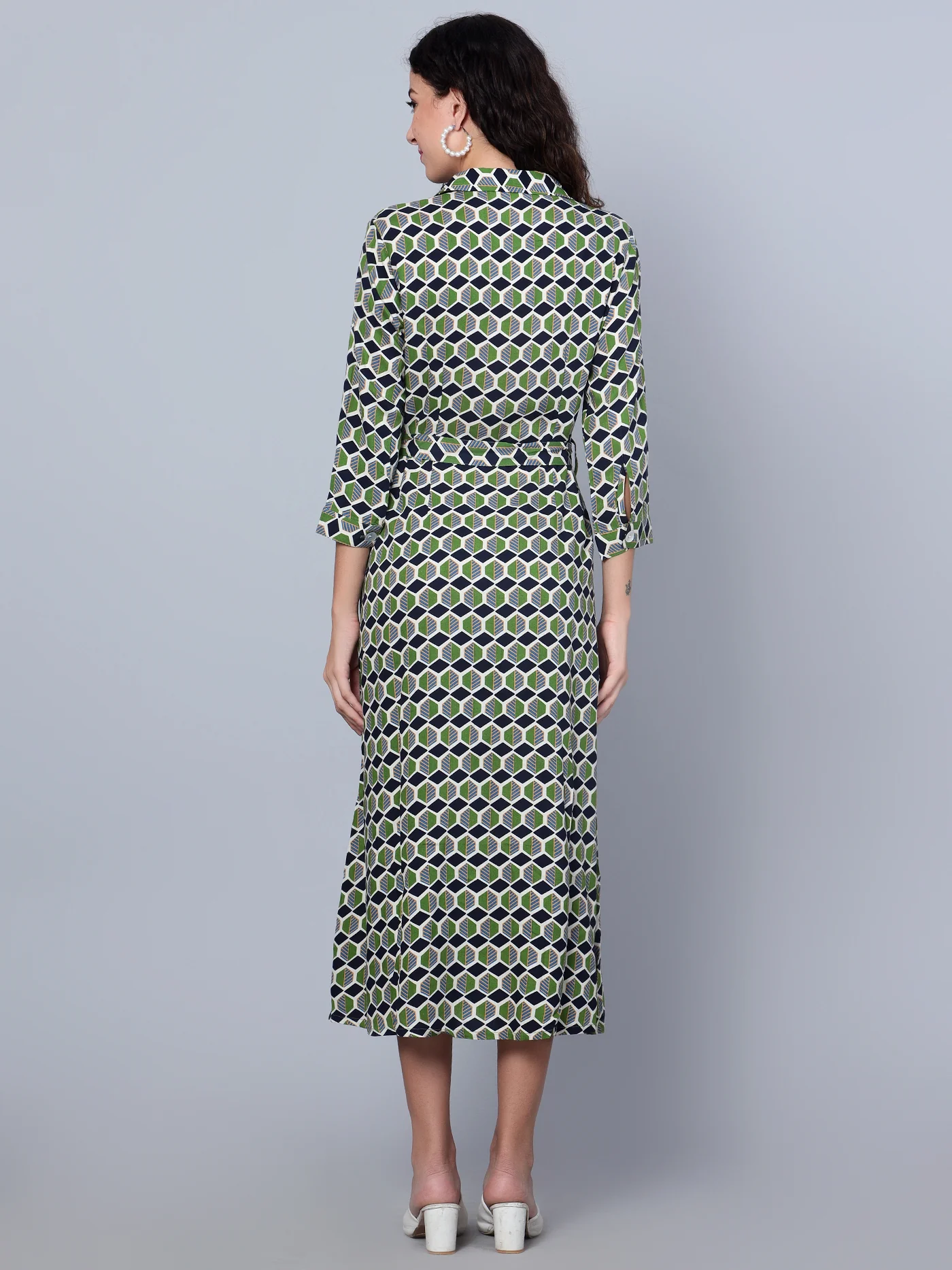 Women's Casual Shirt collar Green Geometric Print Shirt Dress - Image 5