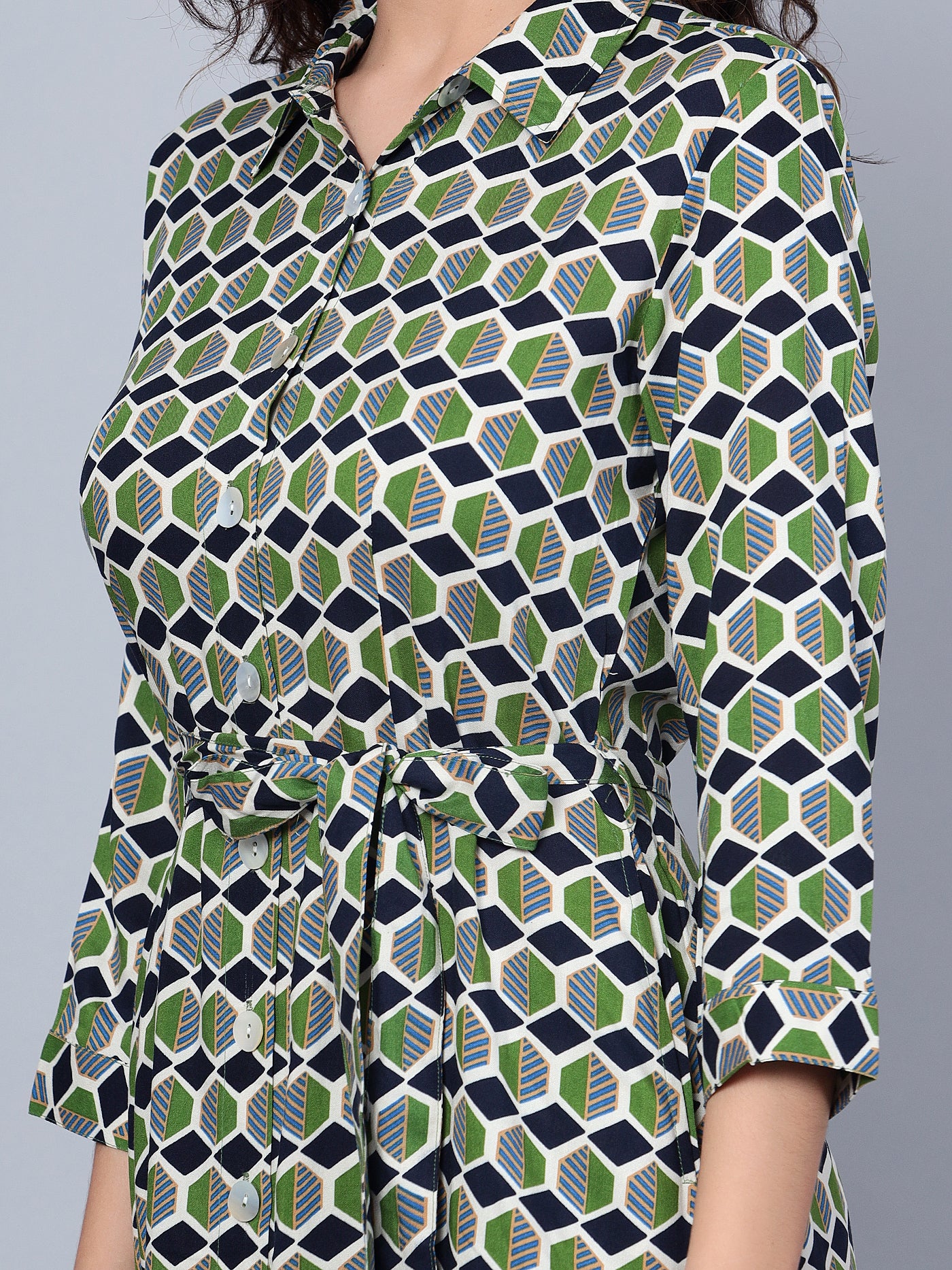 Women's Casual Shirt collar Green Geometric Print Shirt Dress - Image 6