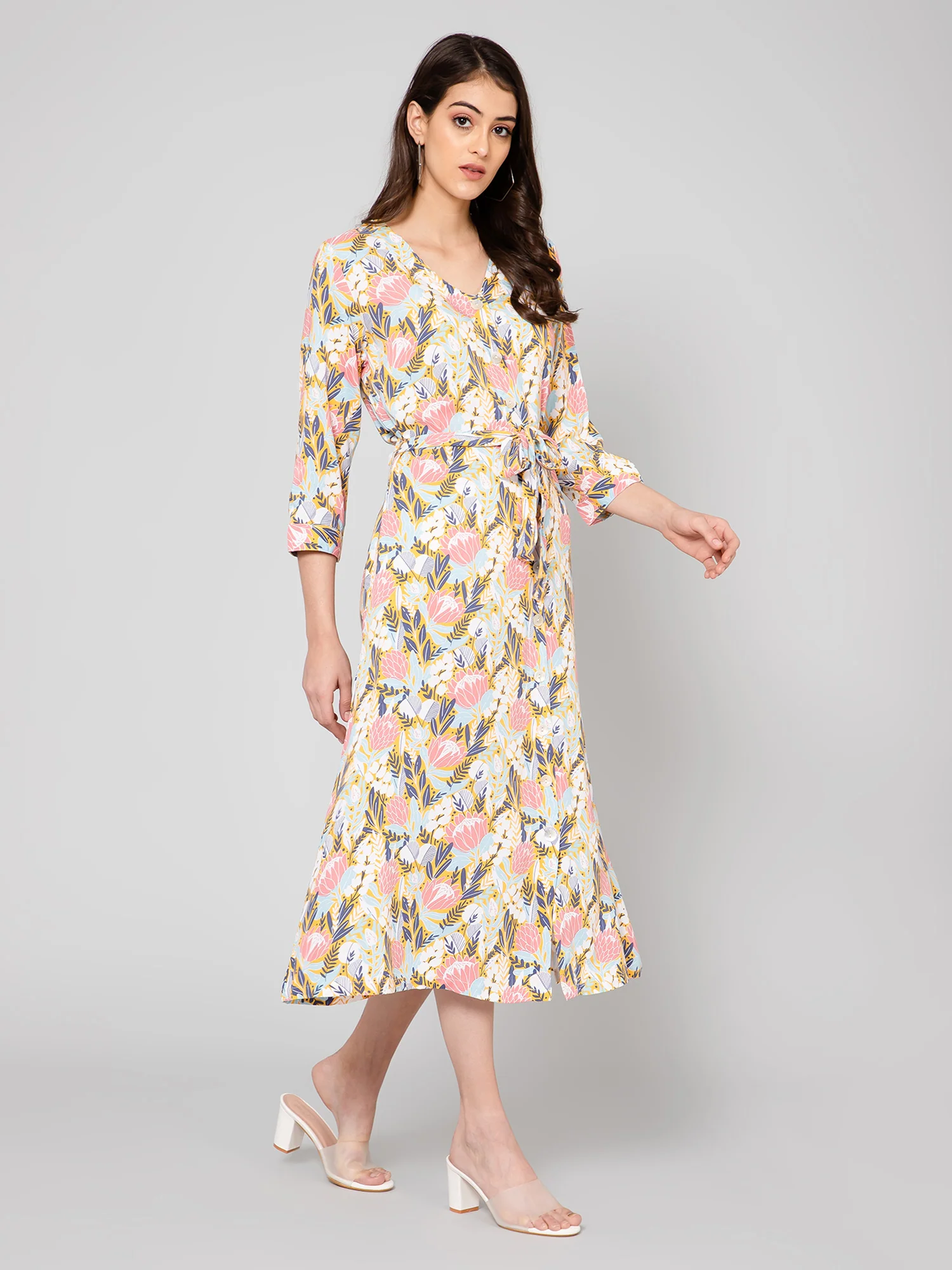 Women's Casual V neck Multi color Floral Print A line Dress - Image 2