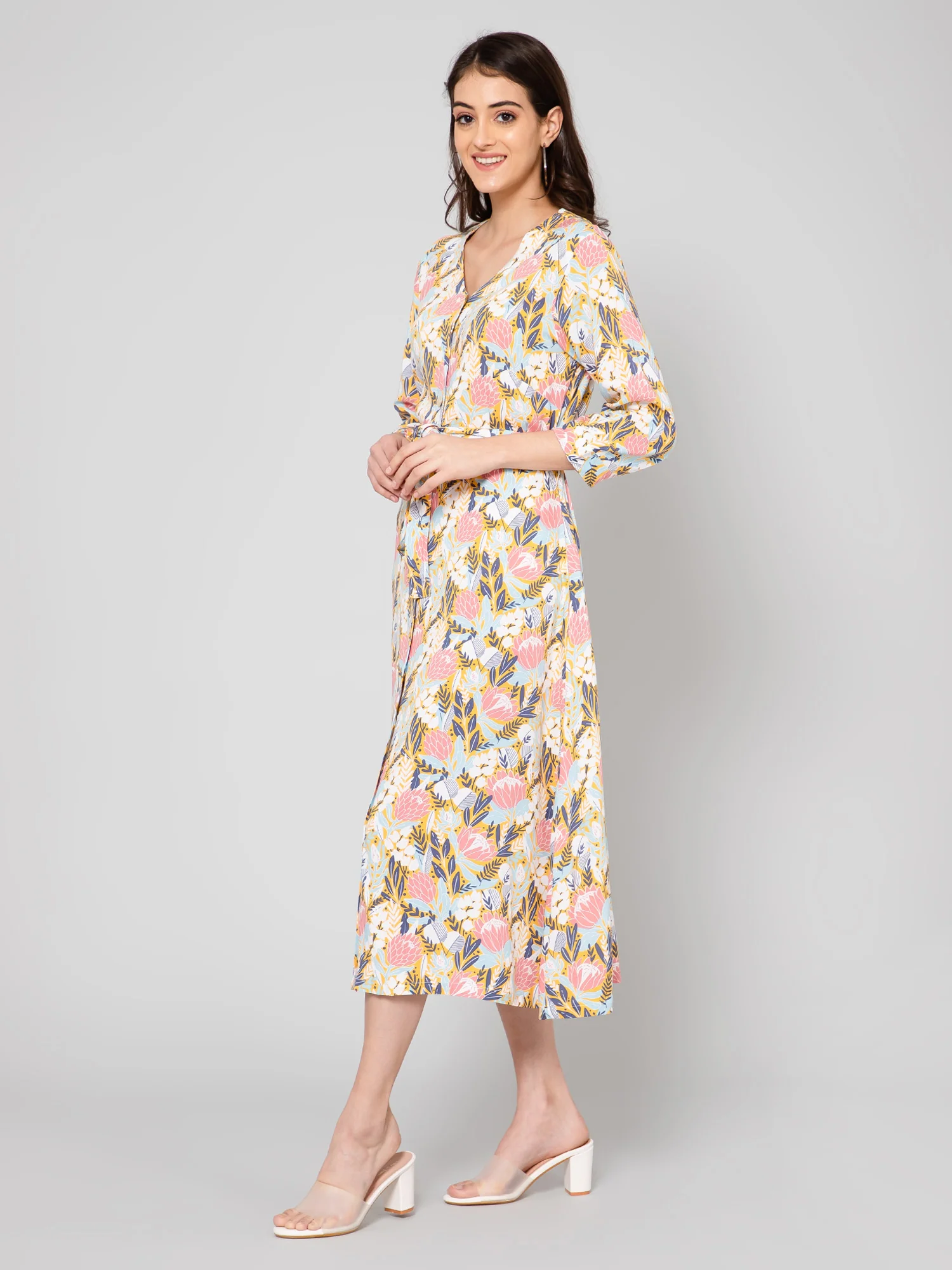Women's Casual V neck Multi color Floral Print A line Dress - Image 3
