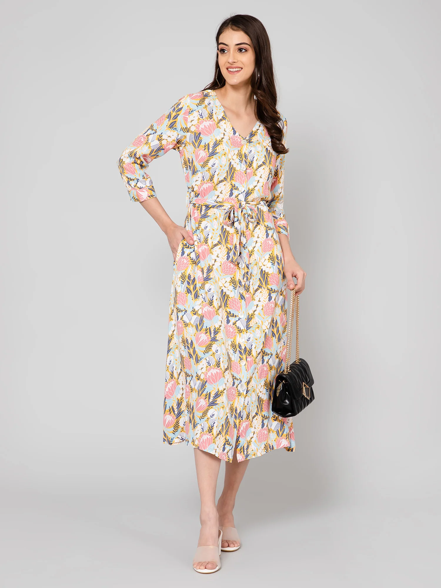 Women's Casual V neck Multi color Floral Print A line Dress - Image 5