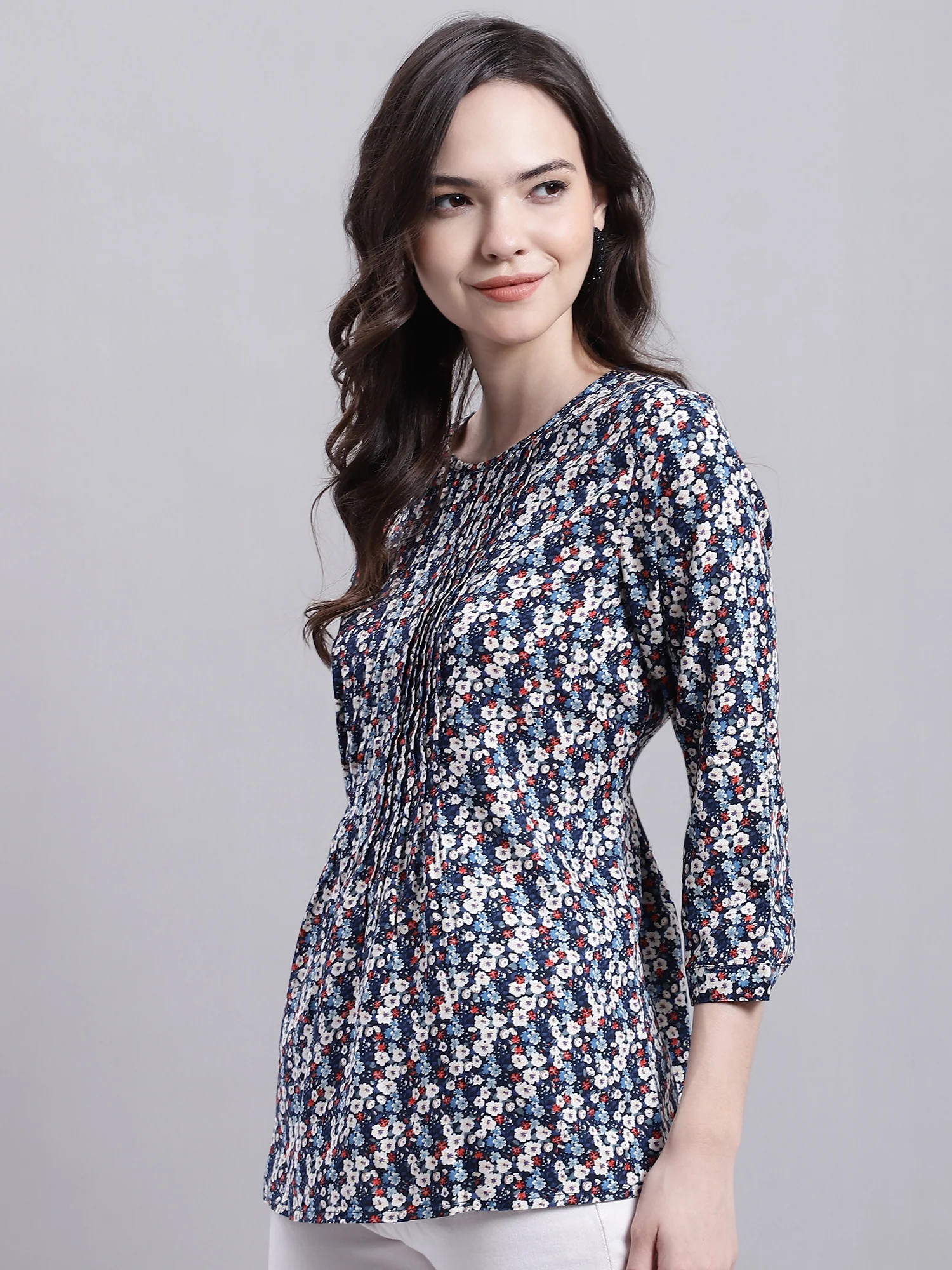 Women's Casual  Multi Color Floral Print Round neck Top - Image 3